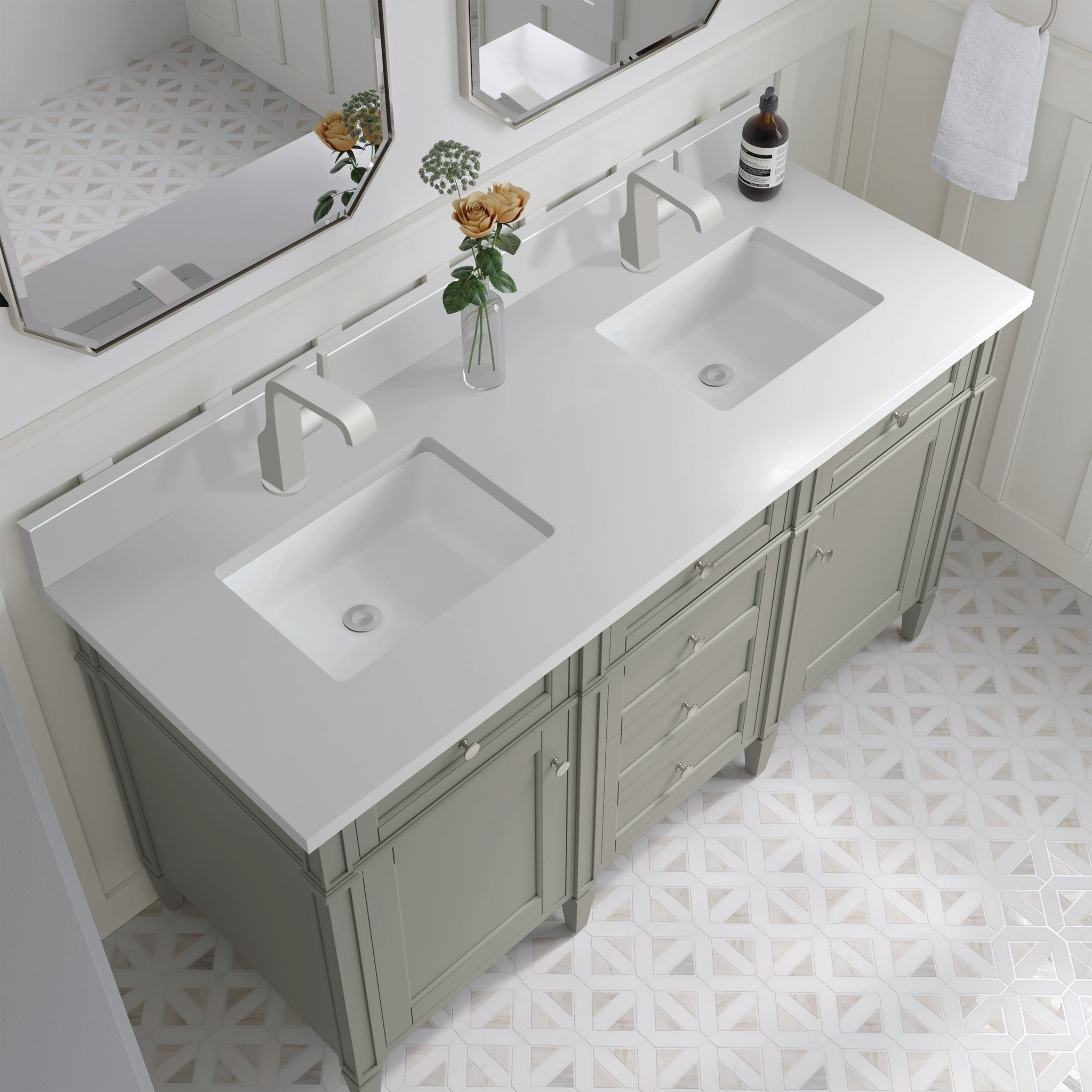 James Martin Brittany 60" Double Bathroom Vanity, Urban Gray with White Zeus (Single Hole, with Backsplash) countertop