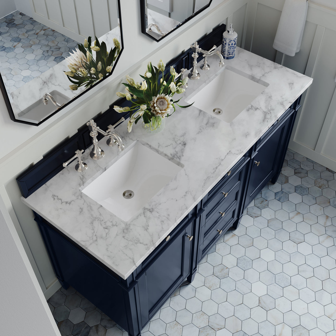 James Martin Brittany 60" Double Bathroom Vanity, Victory Blue with Carrara White countertop