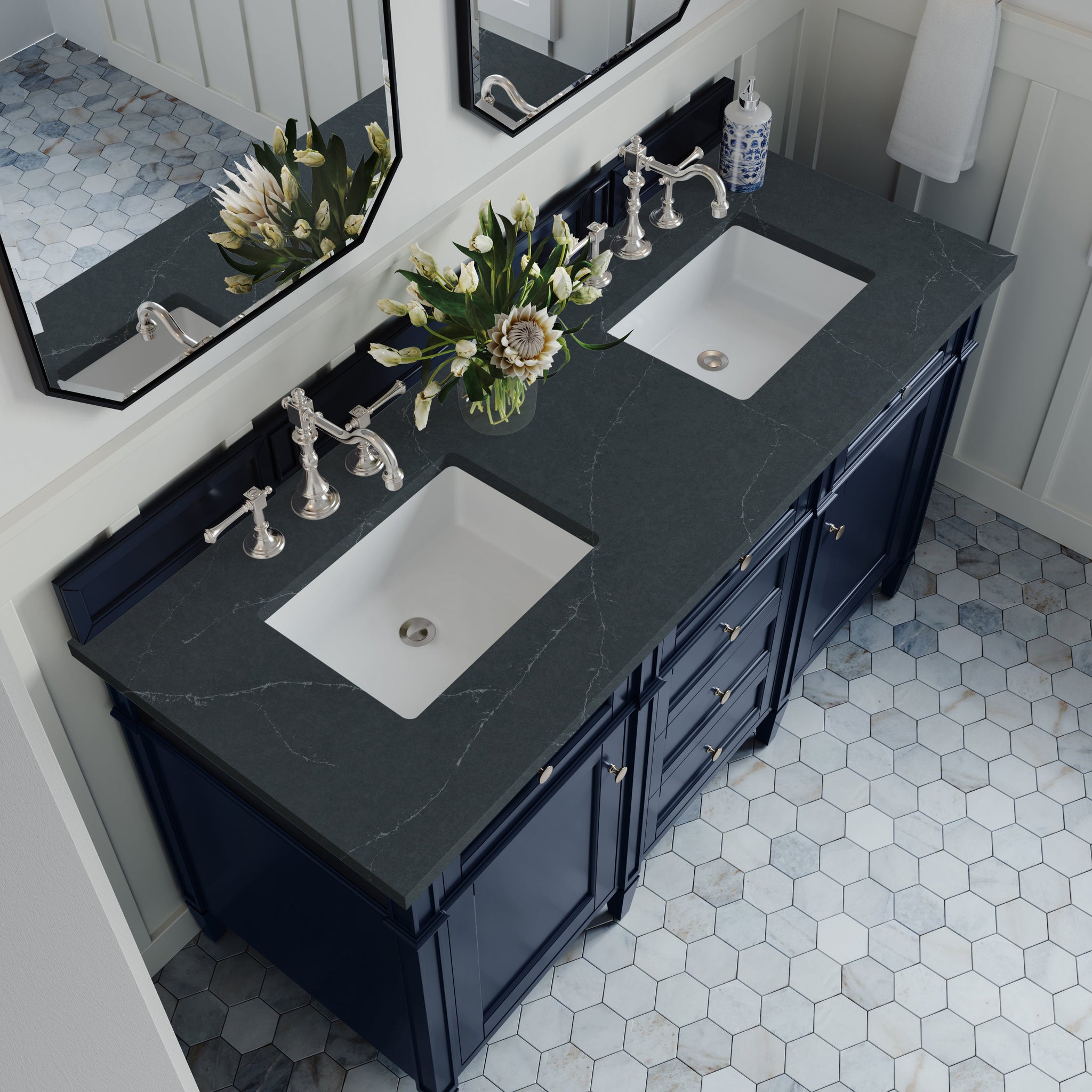 James Martin Brittany 60" Double Bathroom Vanity, Victory Blue with Charcoal Soapstone countertop