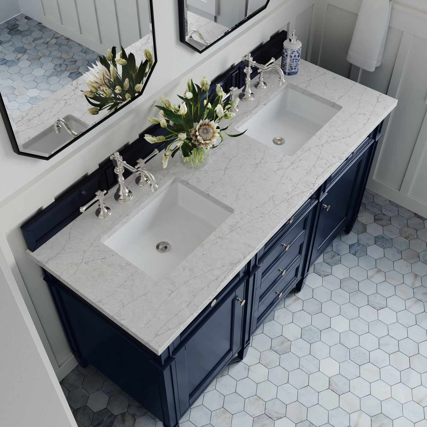 James Martin Brittany 60" Double Bathroom Vanity, Victory Blue with Eternal Jasmine Pearl countertop