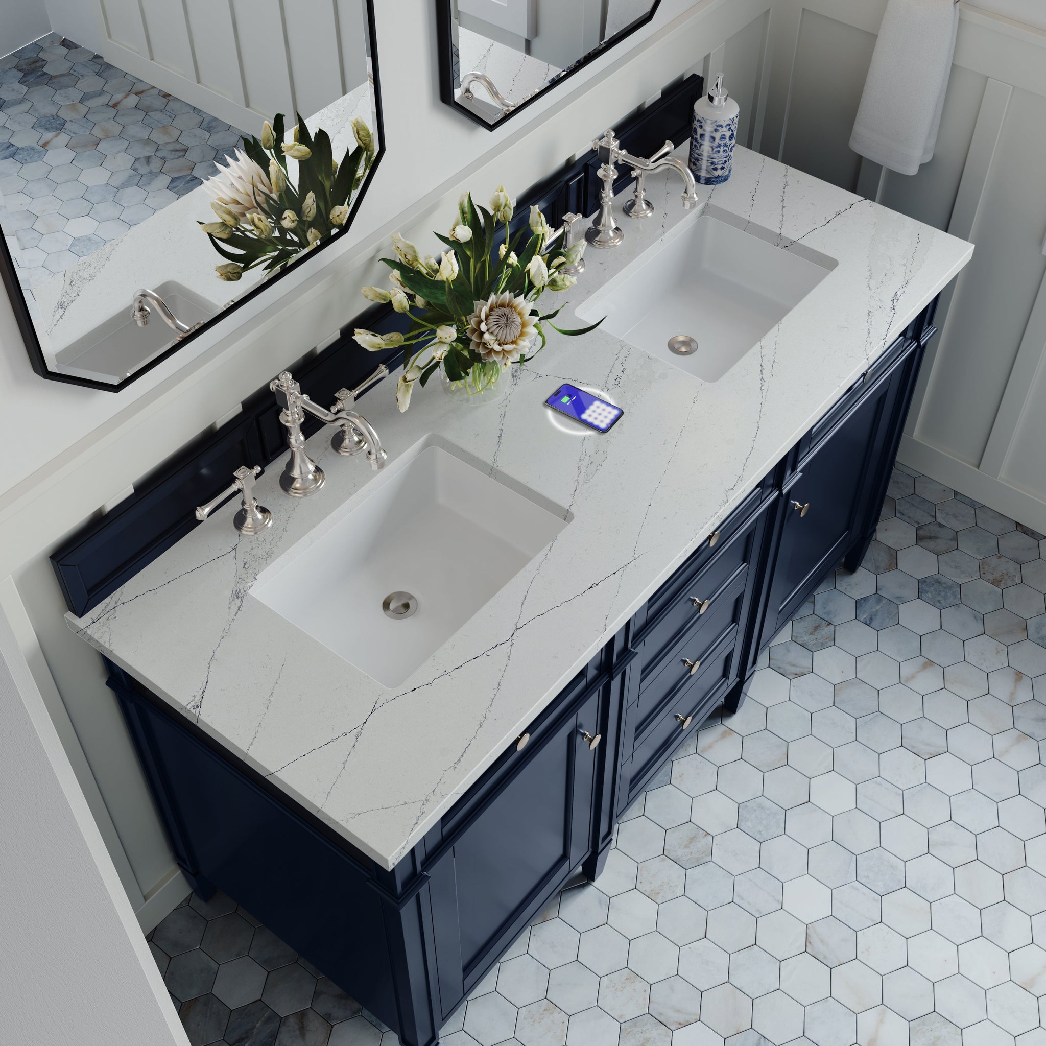James Martin Brittany 60" Double Bathroom Vanity, Victory Blue with Ethereal Noctis (FreePower) countertop
