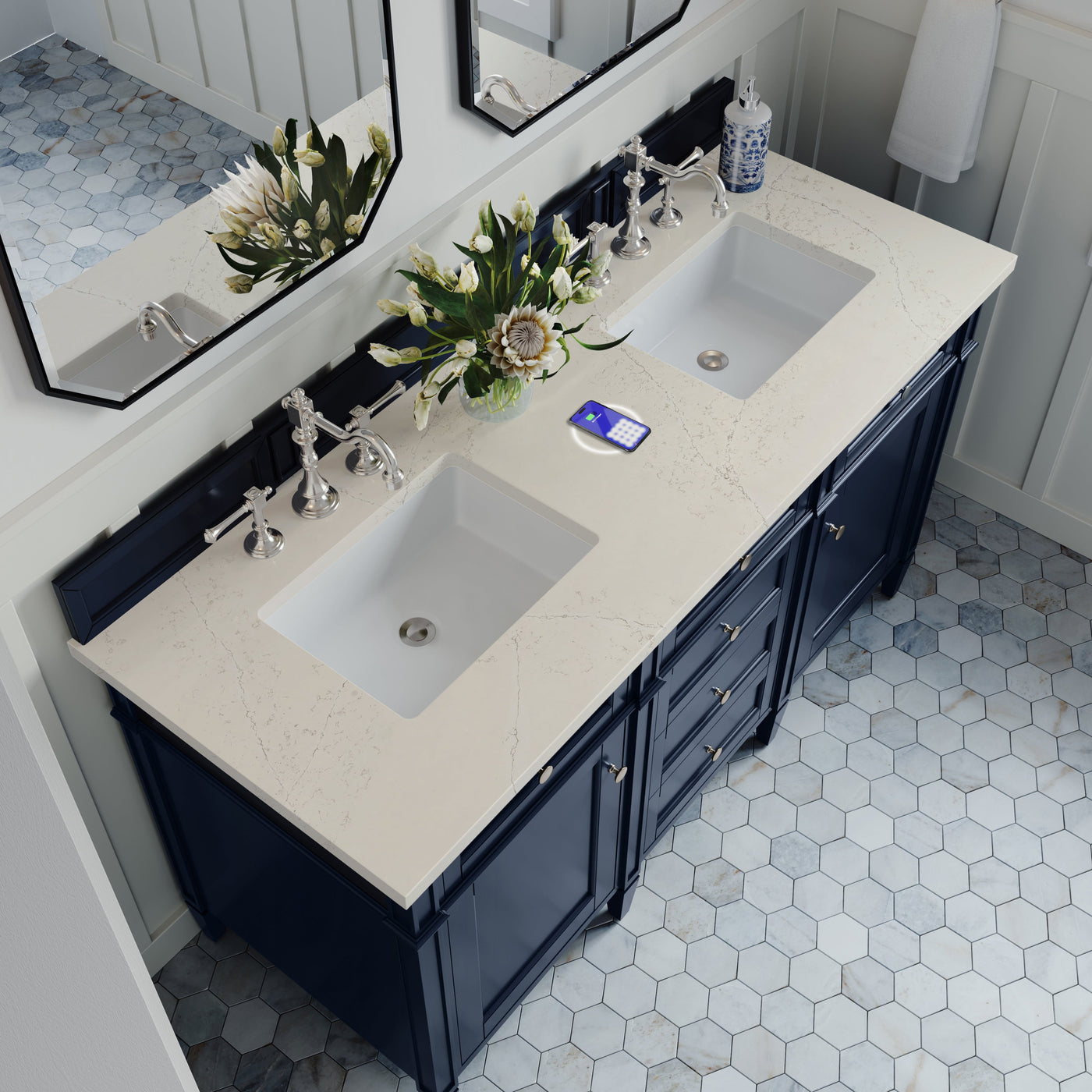 James Martin Brittany 60" Double Bathroom Vanity, Victory Blue with Siberian (FreePower) countertop