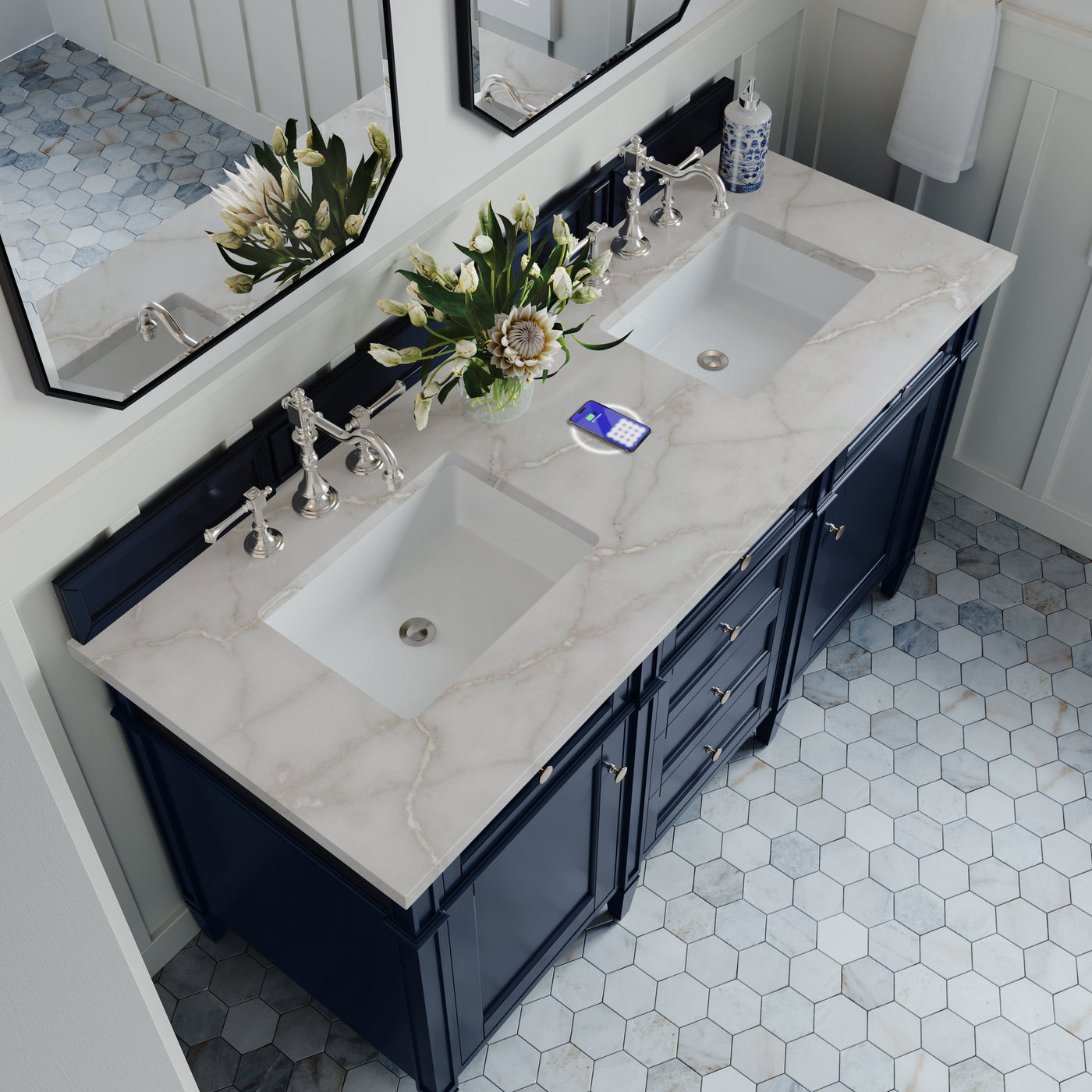 James Martin Brittany 60" Double Bathroom Vanity, Victory Blue with Victorian Silver (FreePower) countertop