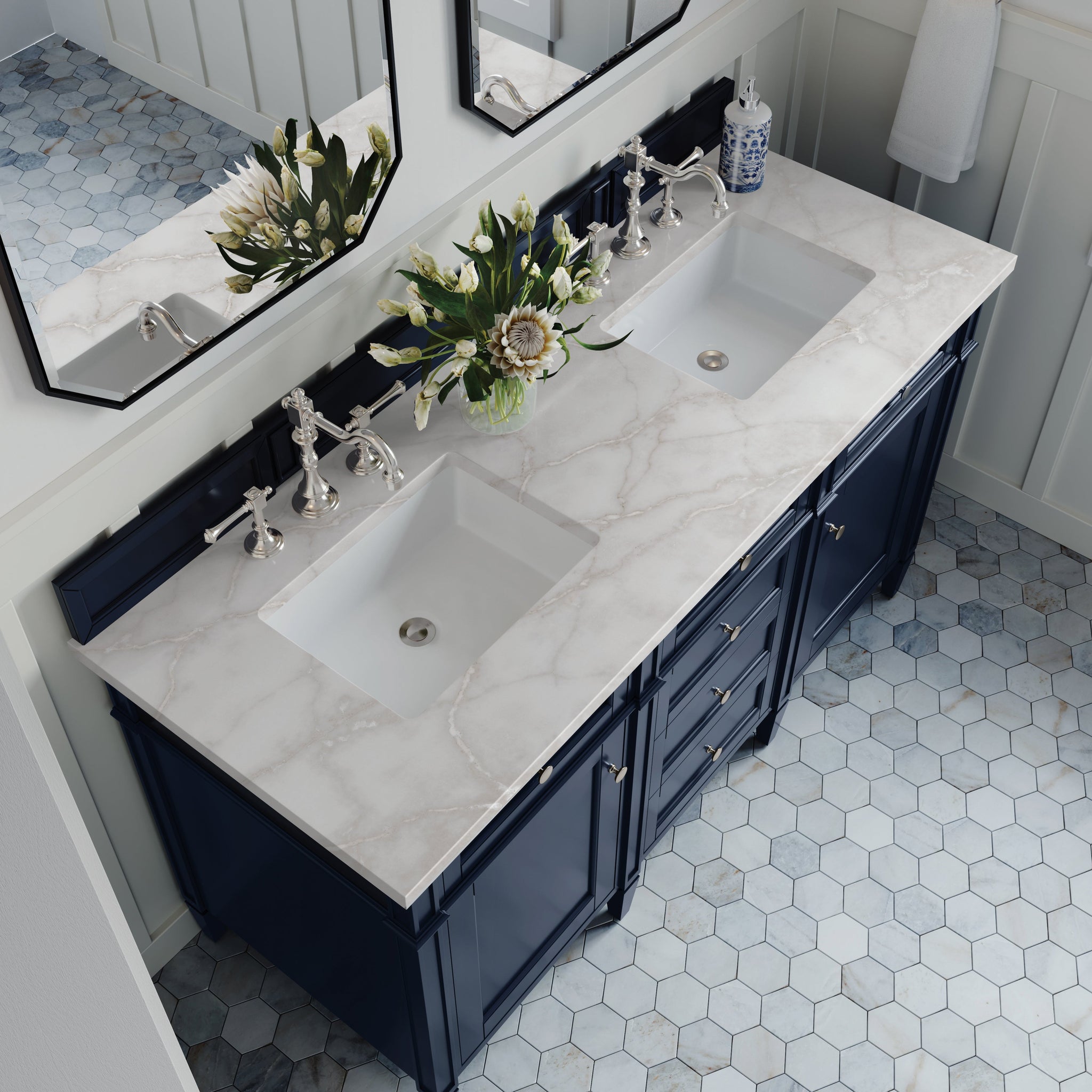 James Martin Brittany 60" Double Bathroom Vanity, Victory Blue with Victorian Silver countertop