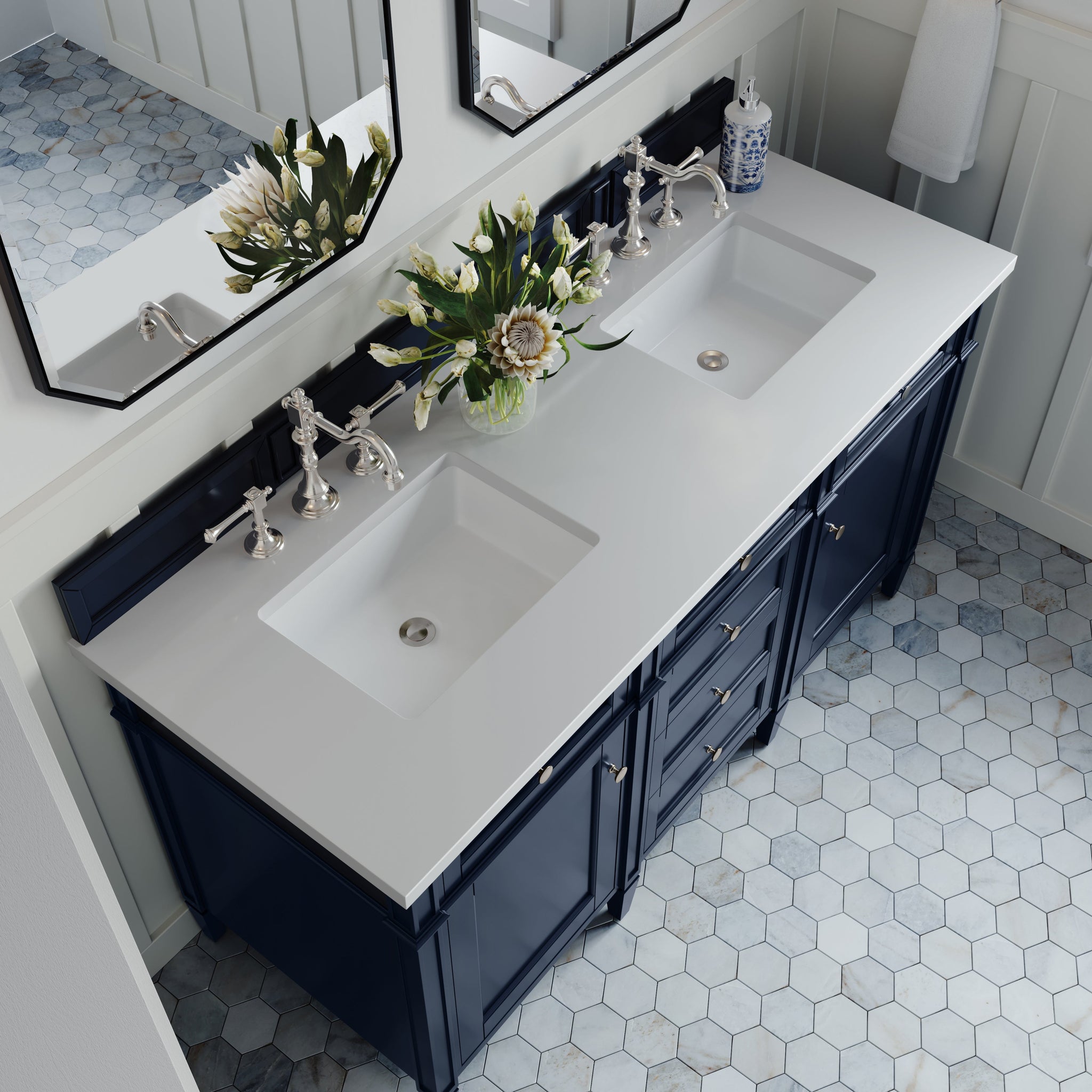 James Martin Brittany 60" Double Bathroom Vanity, Victory Blue with White Zeus countertop