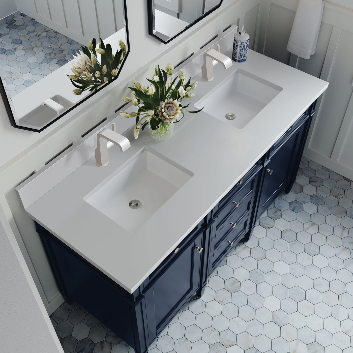 James Martin Brittany 60" Double Bathroom Vanity, Victory Blue with White Zeus (Single Hole, with Backsplash) countertop