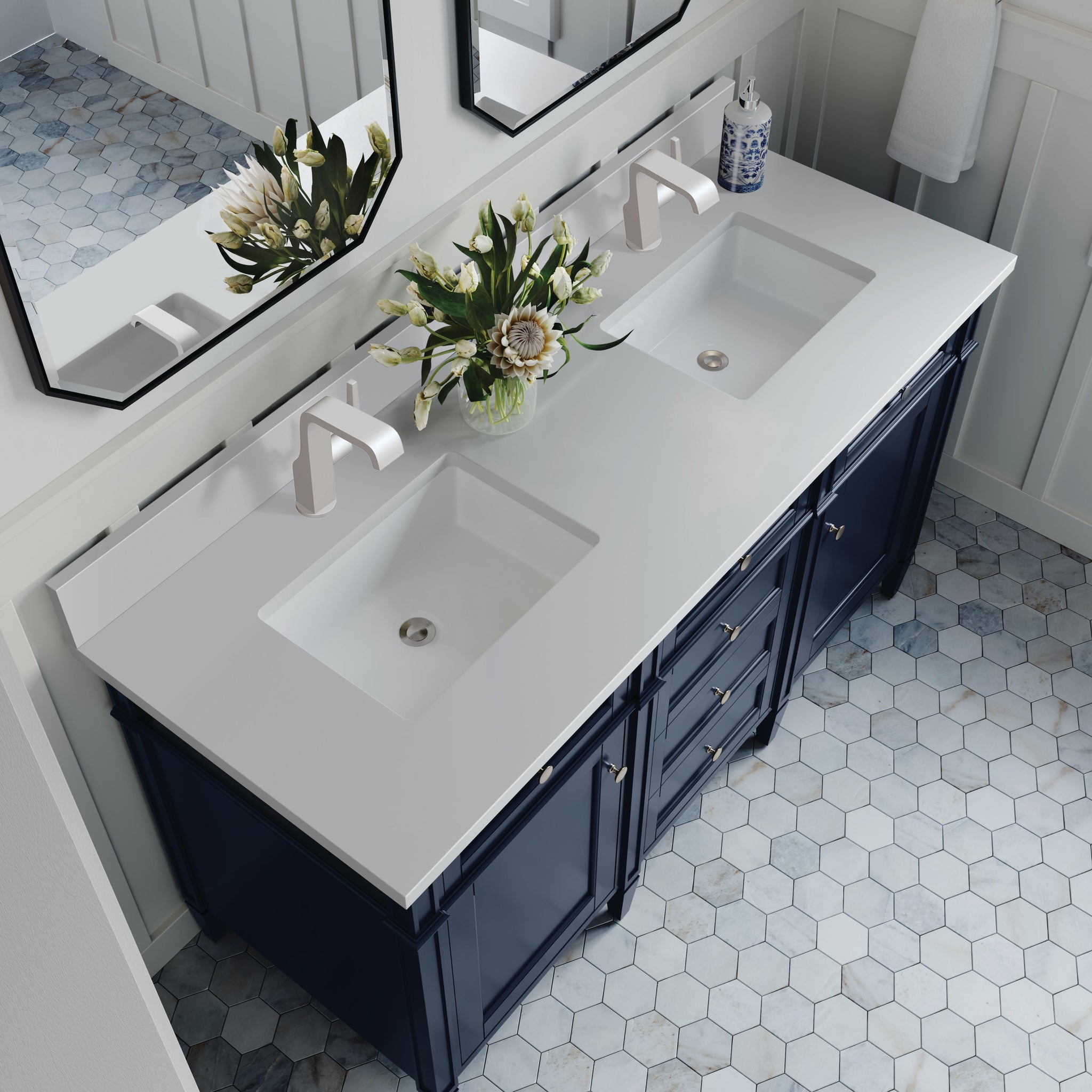 James Martin Brittany 60" Double Bathroom Vanity, Victory Blue with White Zeus (Single Hole, with Backsplash) countertop