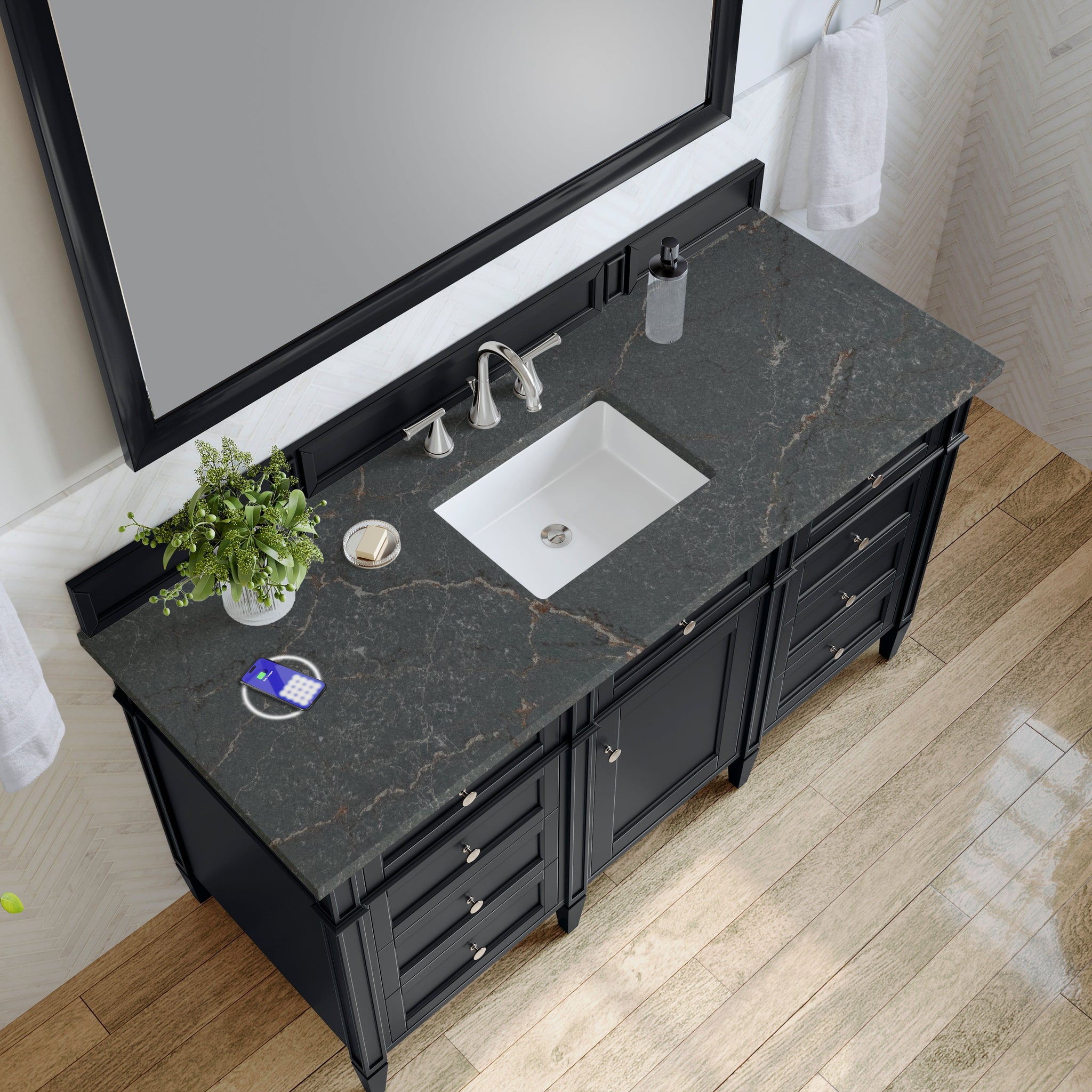 James Martin Brittany 60" Single Bathroom Vanity, Black Onyx with Parisien Bleu (FreePower) countertop