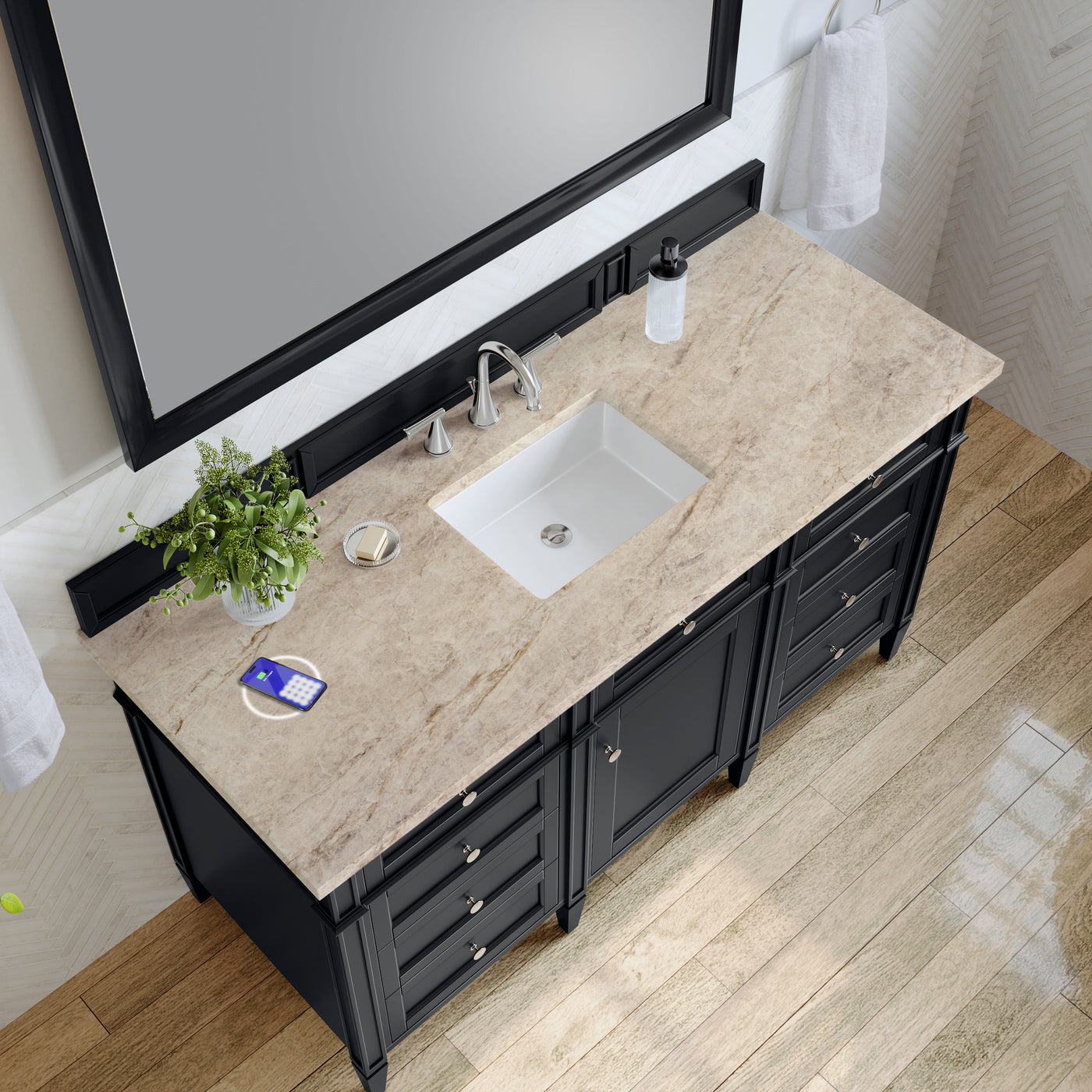 James Martin Brittany 60" Single Bathroom Vanity, Black Onyx with Tajnar (FreePower) countertop