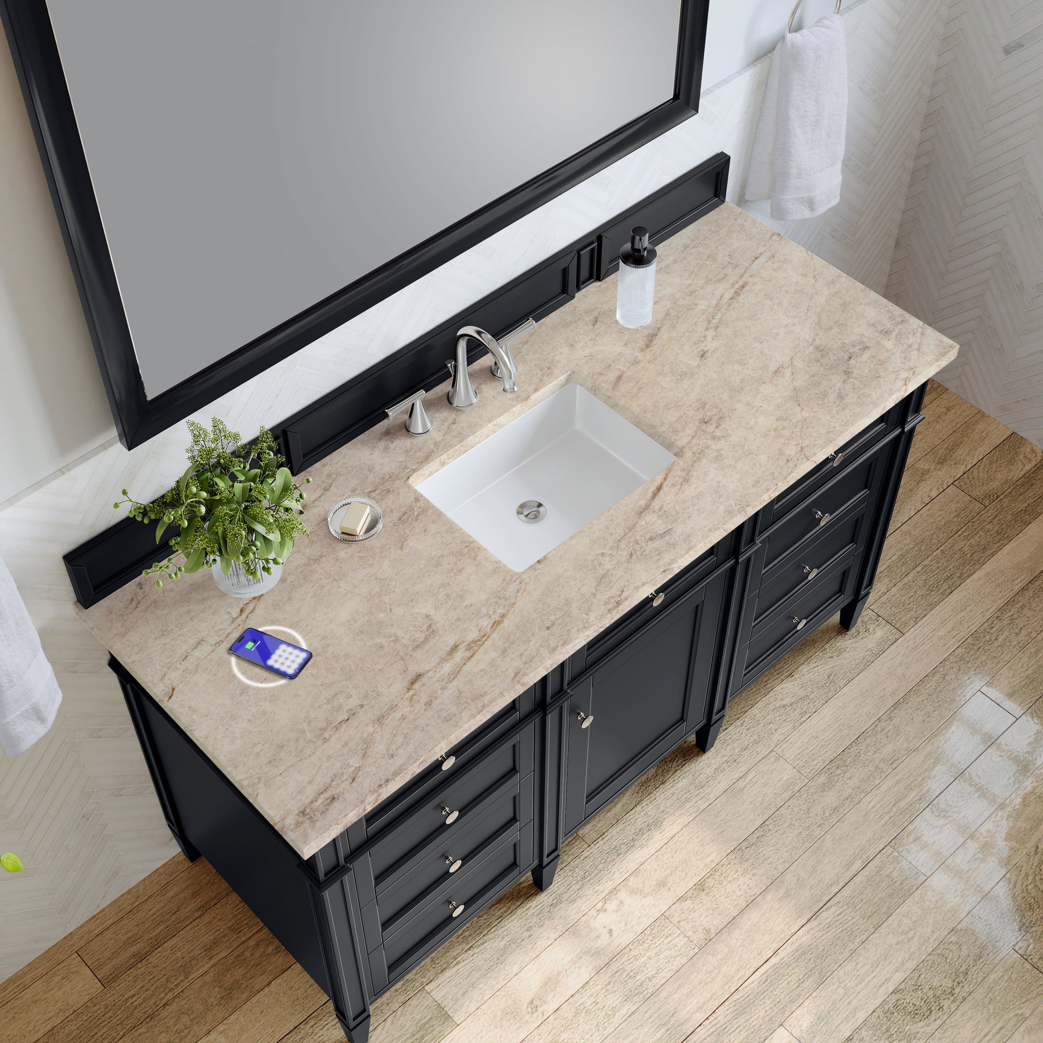 James Martin Brittany 60" Single Bathroom Vanity, Black Onyx with Tajnar (FreePower) countertop