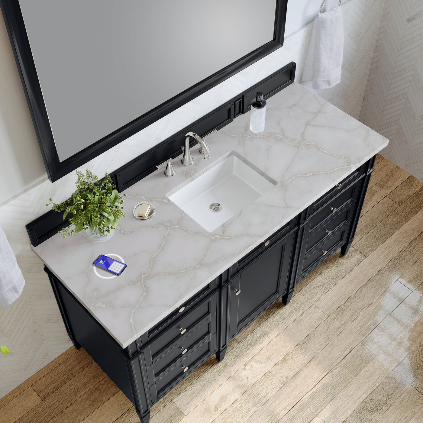James Martin Brittany 60" Single Bathroom Vanity, Black Onyx with Victorian Silver (FreePower) countertop