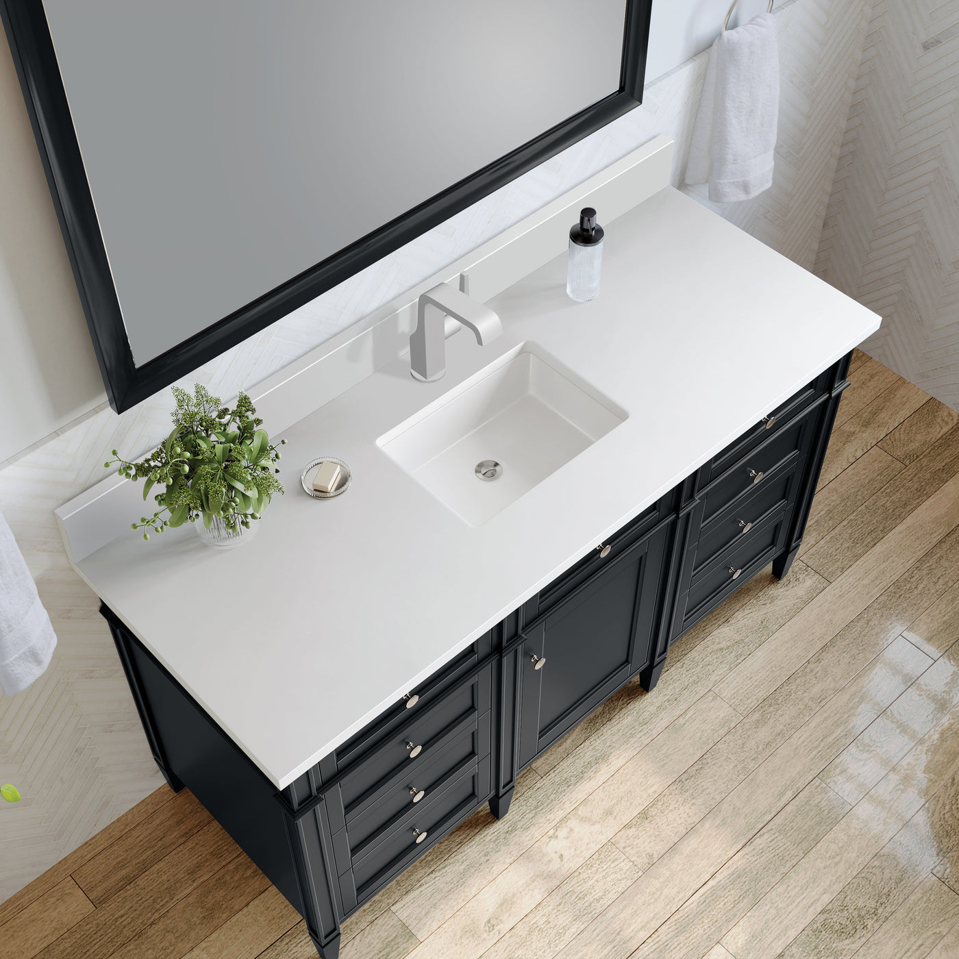 James Martin Brittany 60" Single Bathroom Vanity, Black Onyx with White Zeus (Single Hole, with Backsplash) countertop