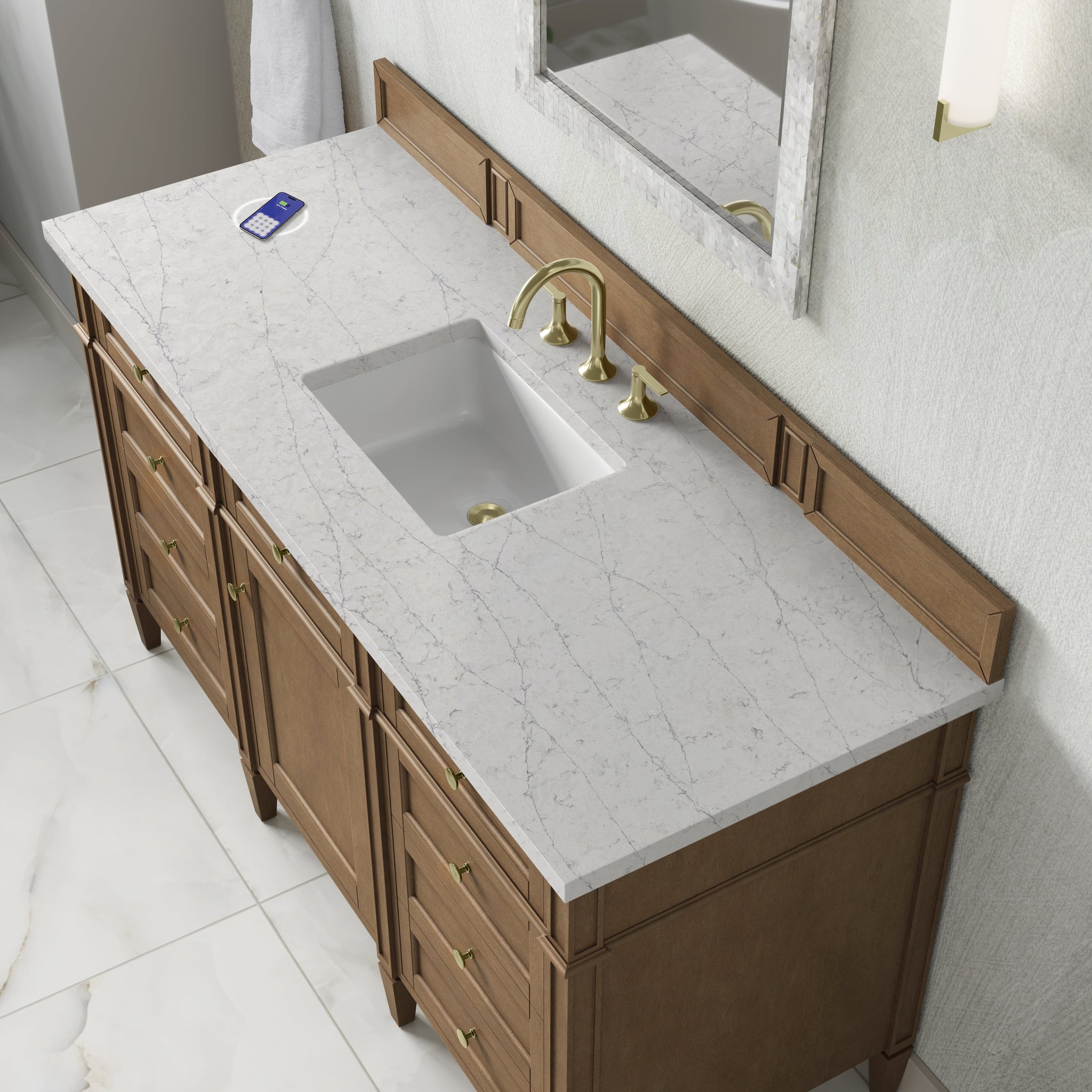 James Martin Brittany 60" Single Bathroom Vanity, Pecan with Eternal Jasmine Pearl (FreePower) countertop