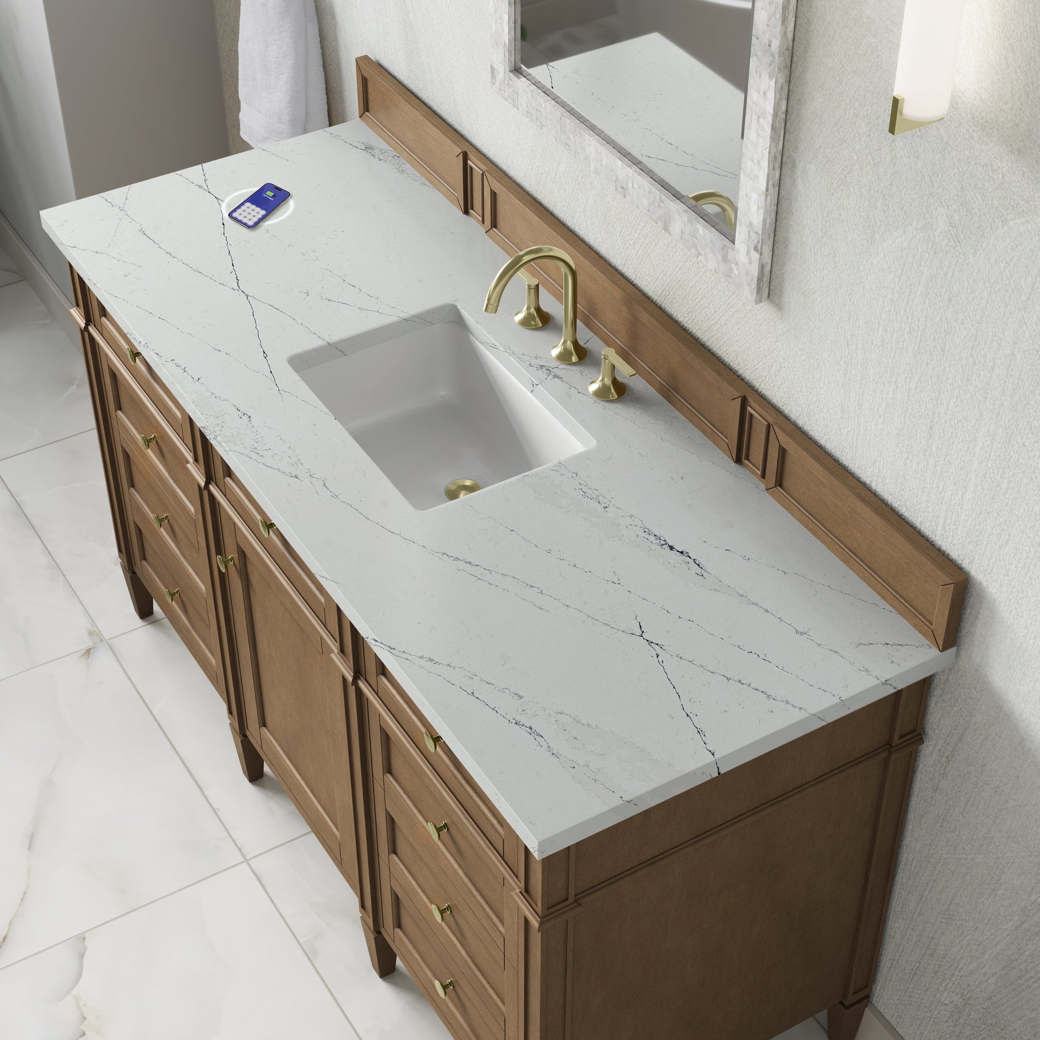 James Martin Brittany 60" Single Bathroom Vanity, Pecan with Ethereal Noctis (FreePower) countertop