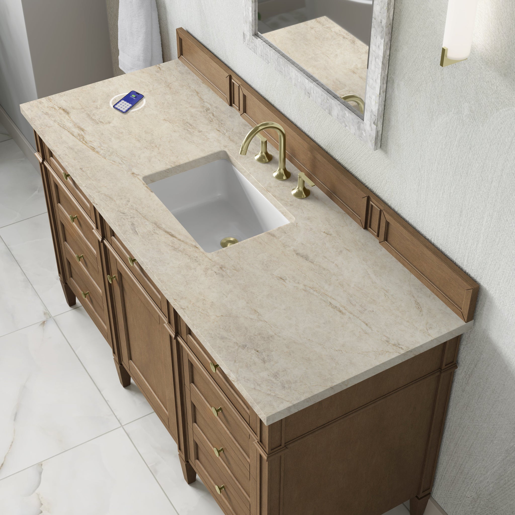James Martin Brittany 60" Single Bathroom Vanity, Pecan with Tajnar (FreePower) countertop