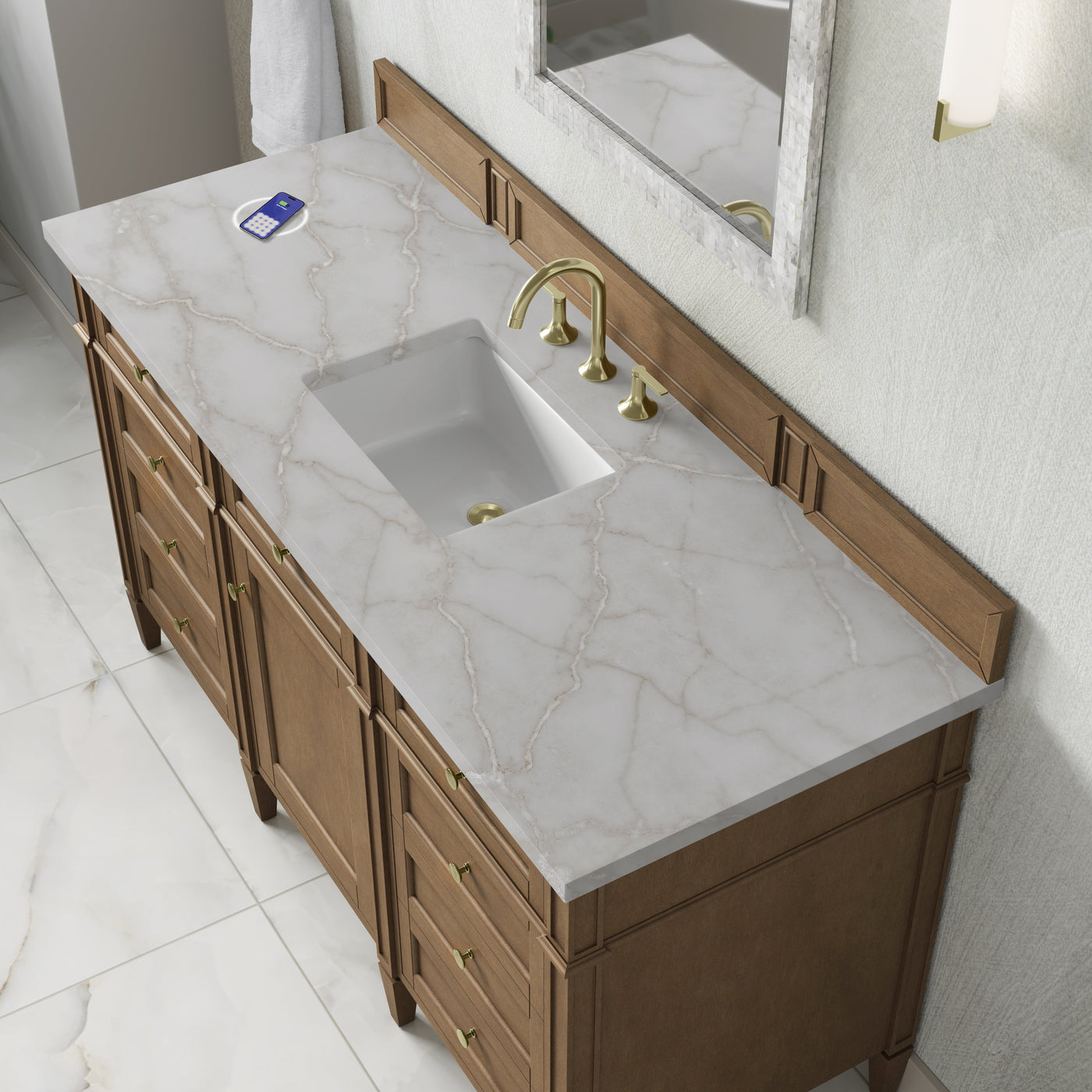 James Martin Brittany 60" Single Bathroom Vanity, Pecan with Victorian Silver (FreePower) countertop