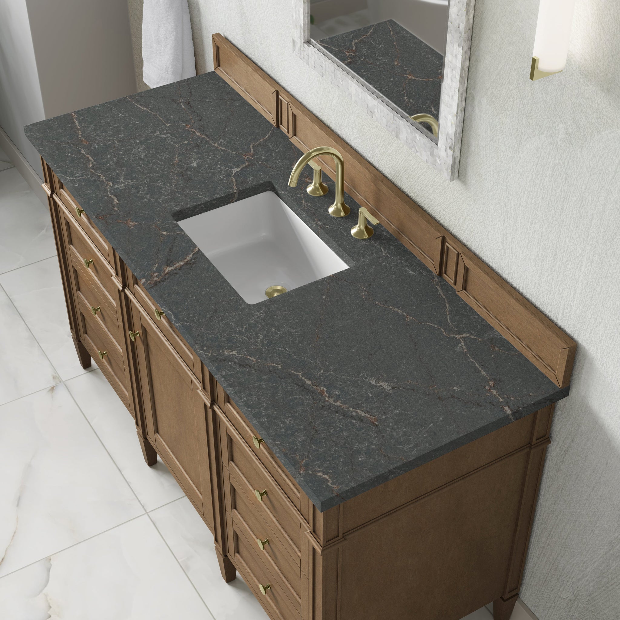 James Martin Brittany 60" Single Bathroom Vanity, Pecan with Parisien Bleu countertop