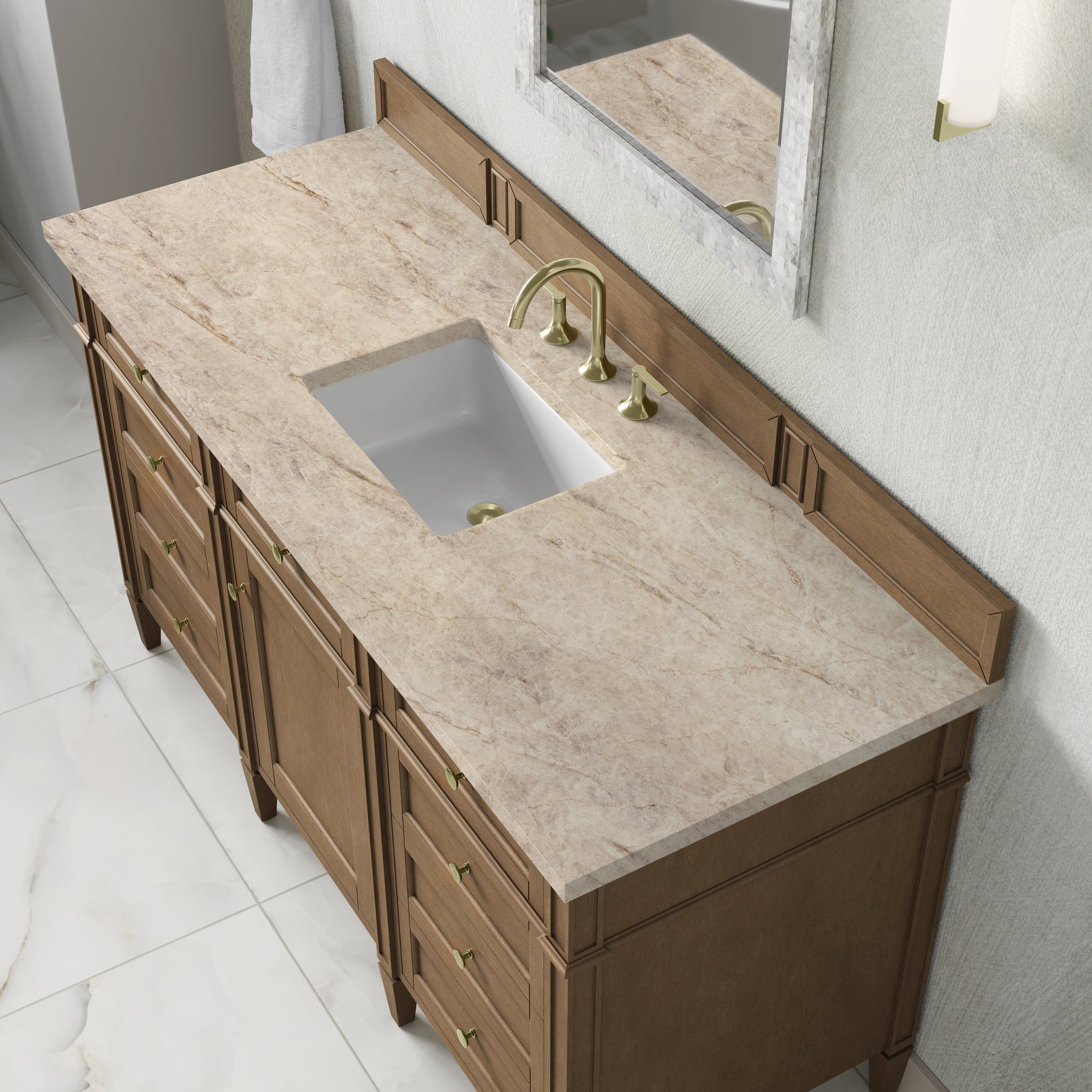 James Martin Brittany 60" Single Bathroom Vanity, Pecan with Tajnar countertop