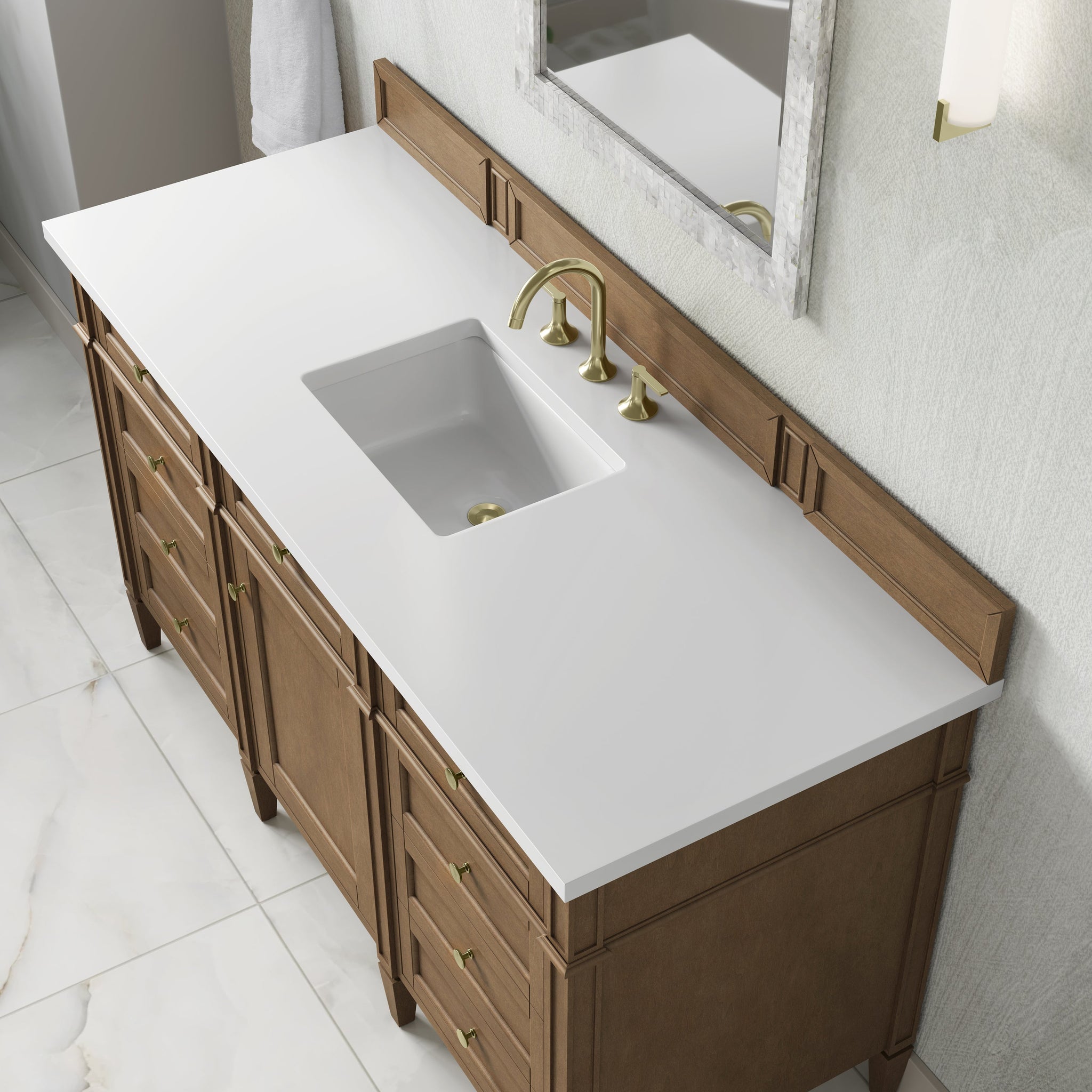 James Martin Brittany 60" Single Bathroom Vanity, Pecan with White Zeus countertop