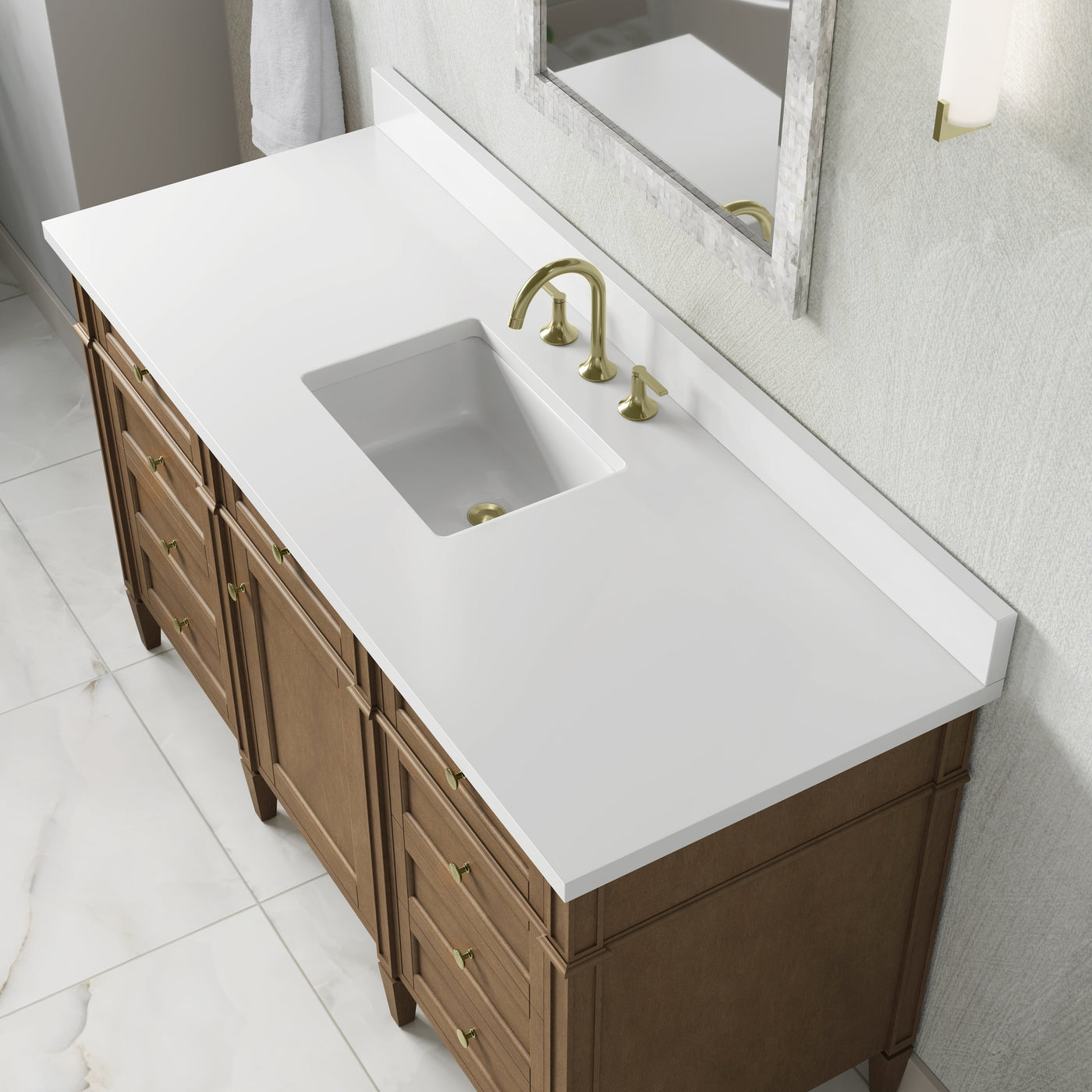 James Martin Brittany 60" Single Bathroom Vanity, Pecan with White Zeus (Single Hole) countertop