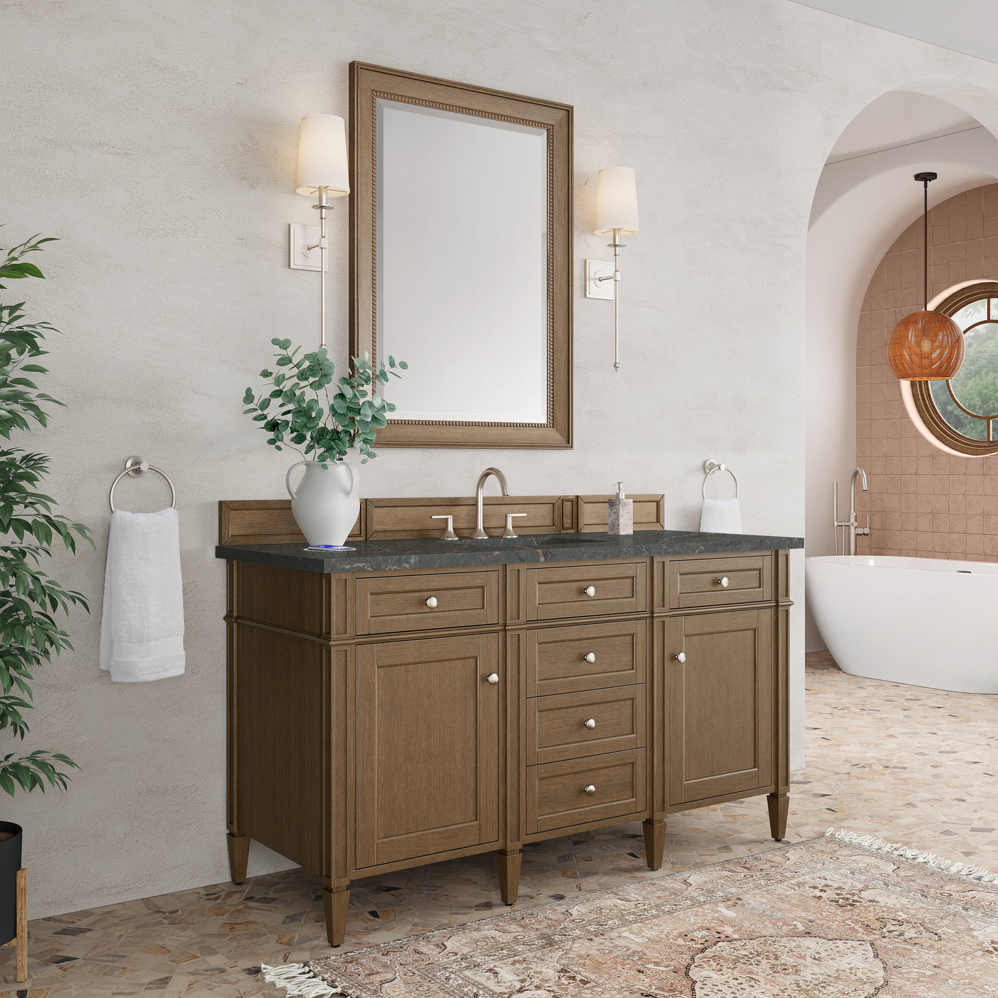 James Martin Brittany 60" Single Bathroom Vanity, Saddle Brown with Parisien Bleu (FreePower) countertop