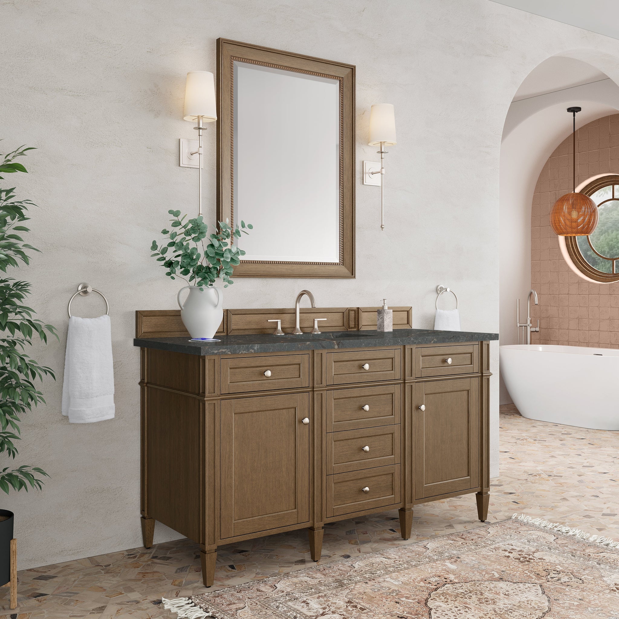 James Martin Brittany 60" Single Bathroom Vanity, Saddle Brown with Parisien Bleu (FreePower) countertop