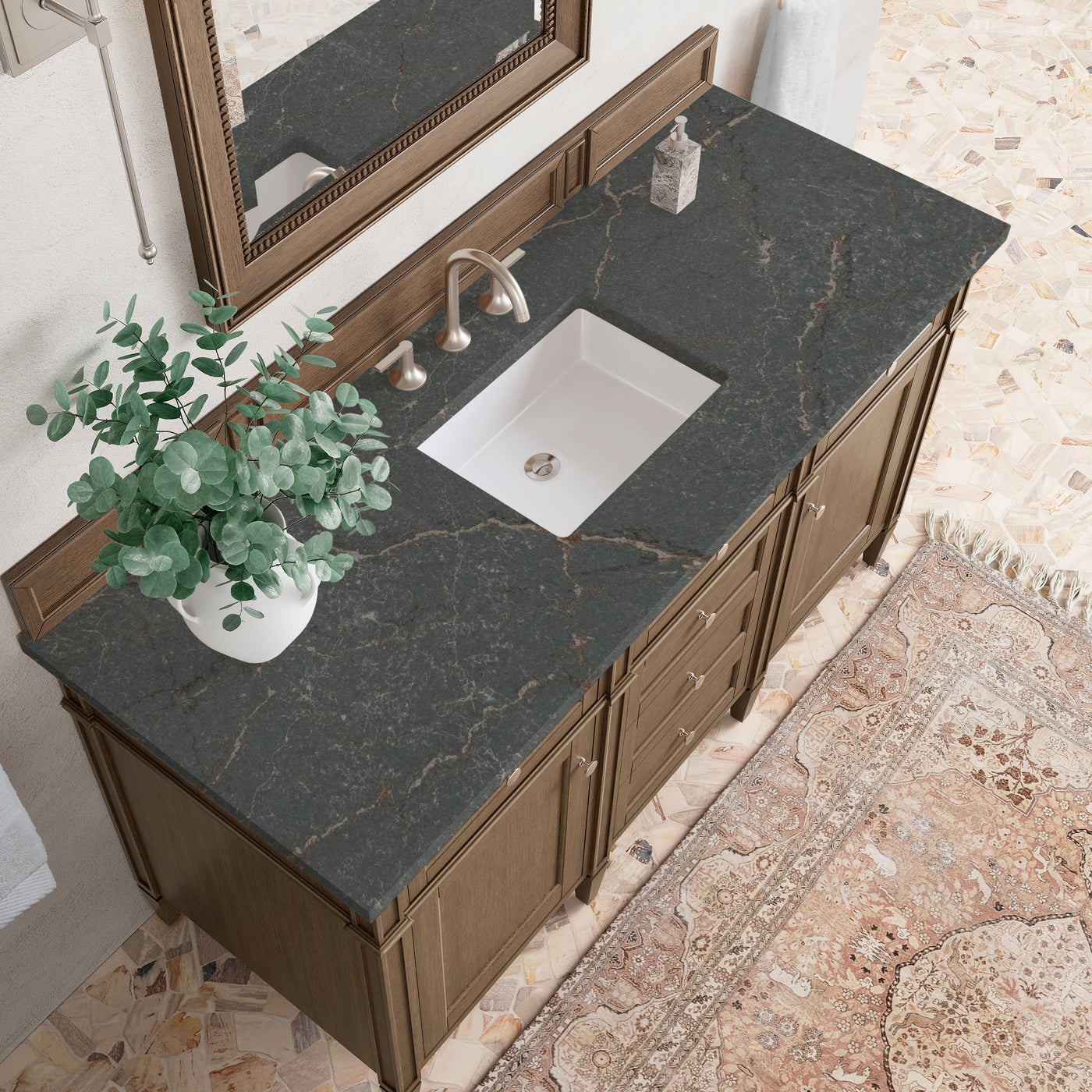 James Martin Brittany 60" Single Bathroom Vanity, Saddle Brown with Parisien Bleu countertop