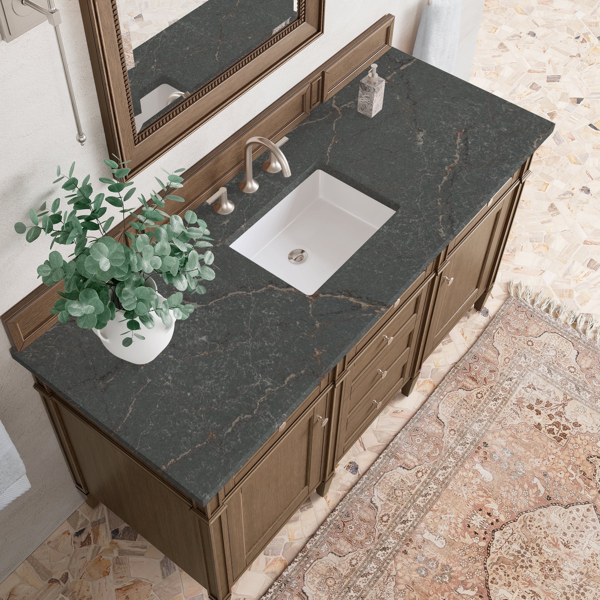 James Martin Brittany 60" Single Bathroom Vanity, Saddle Brown with Parisien Bleu countertop