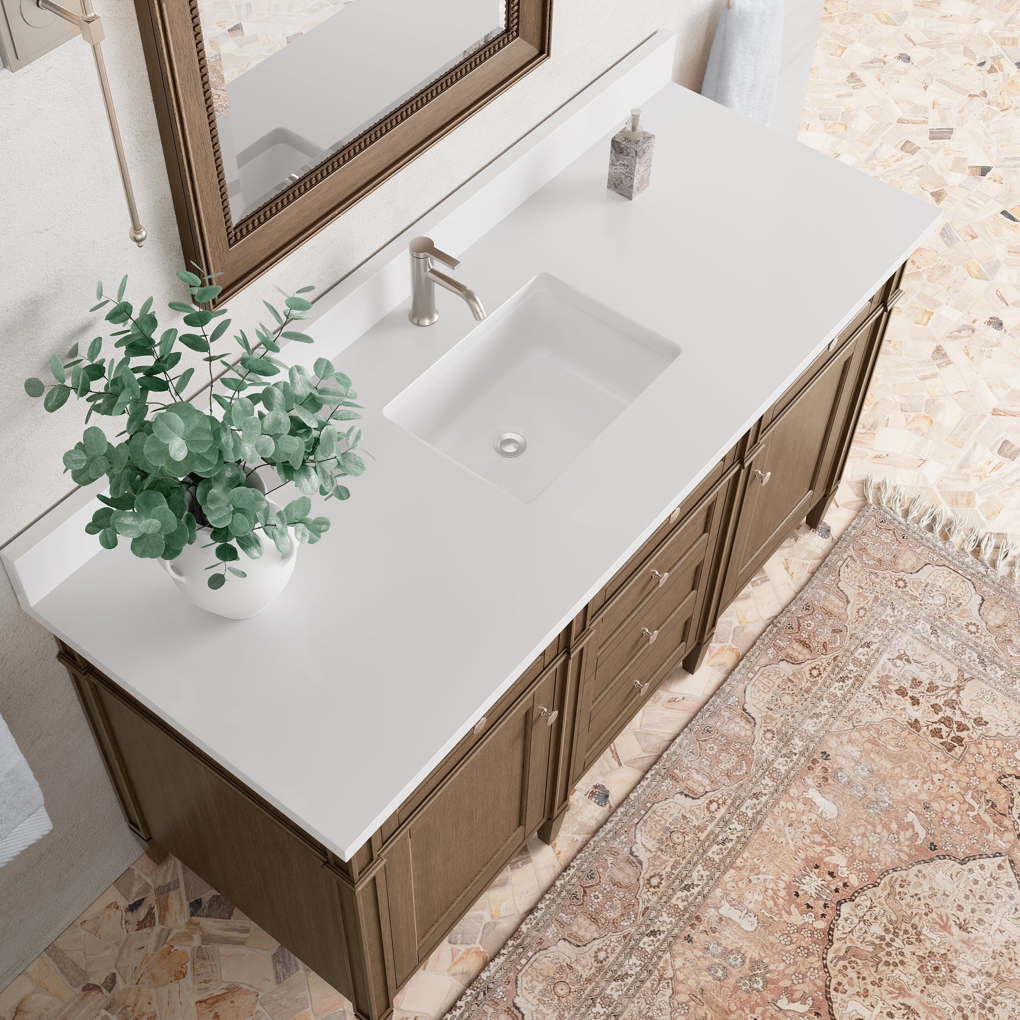 James Martin Brittany 60" Single Bathroom Vanity, Saddle Brown with White Zeus (Single Hole, with Backsplash) countertop