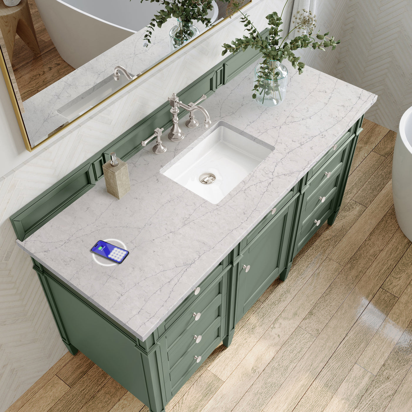 James Martin Brittany 60" Single Bathroom Vanity, Smokey Celadon with Eternal Jasmine Pearl (FreePower) countertop