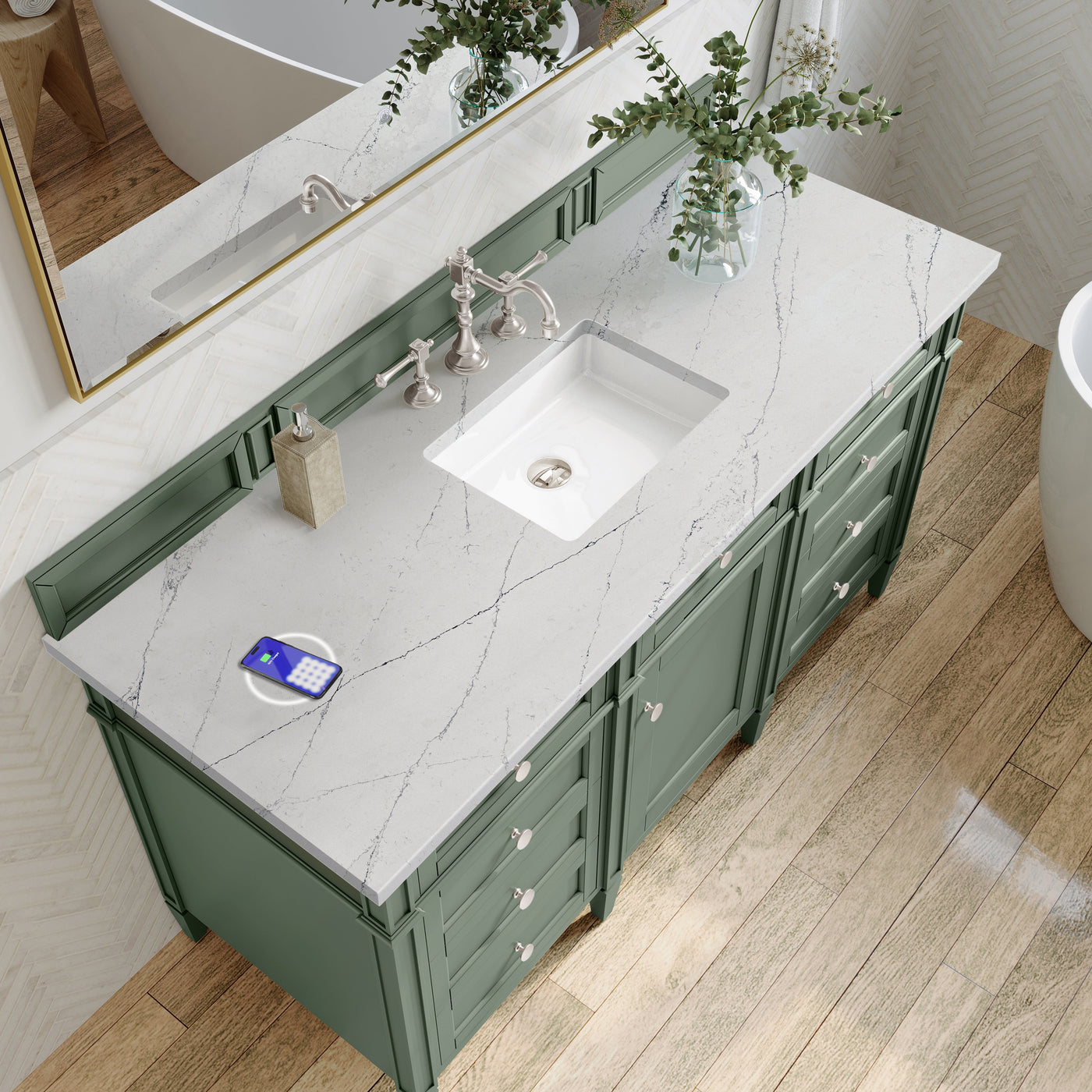 James Martin Brittany 60" Single Bathroom Vanity, Smokey Celadon with Ethereal Noctis (FreePower) countertop