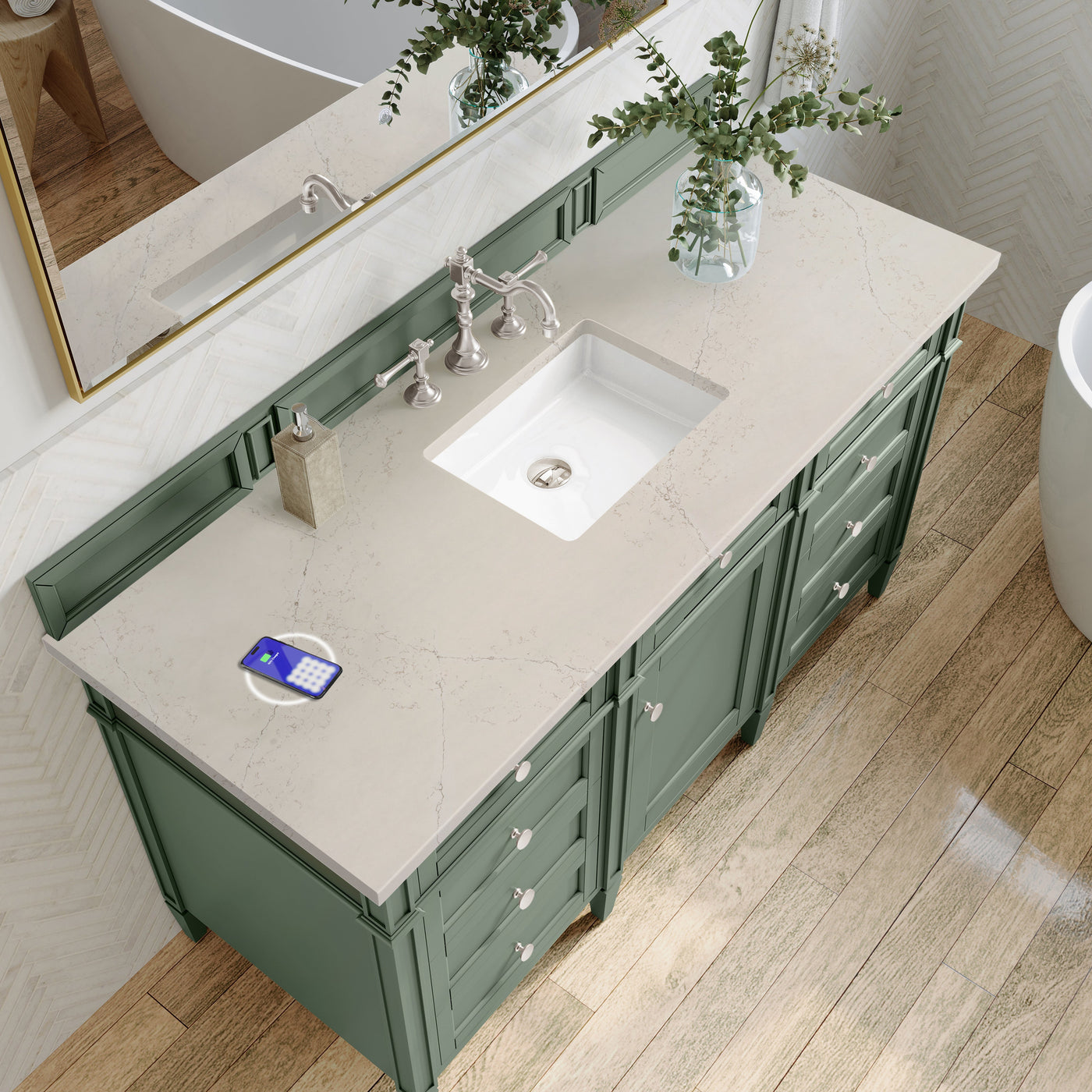 James Martin Brittany 60" Single Bathroom Vanity, Smokey Celadon with Siberian (FreePower) countertop