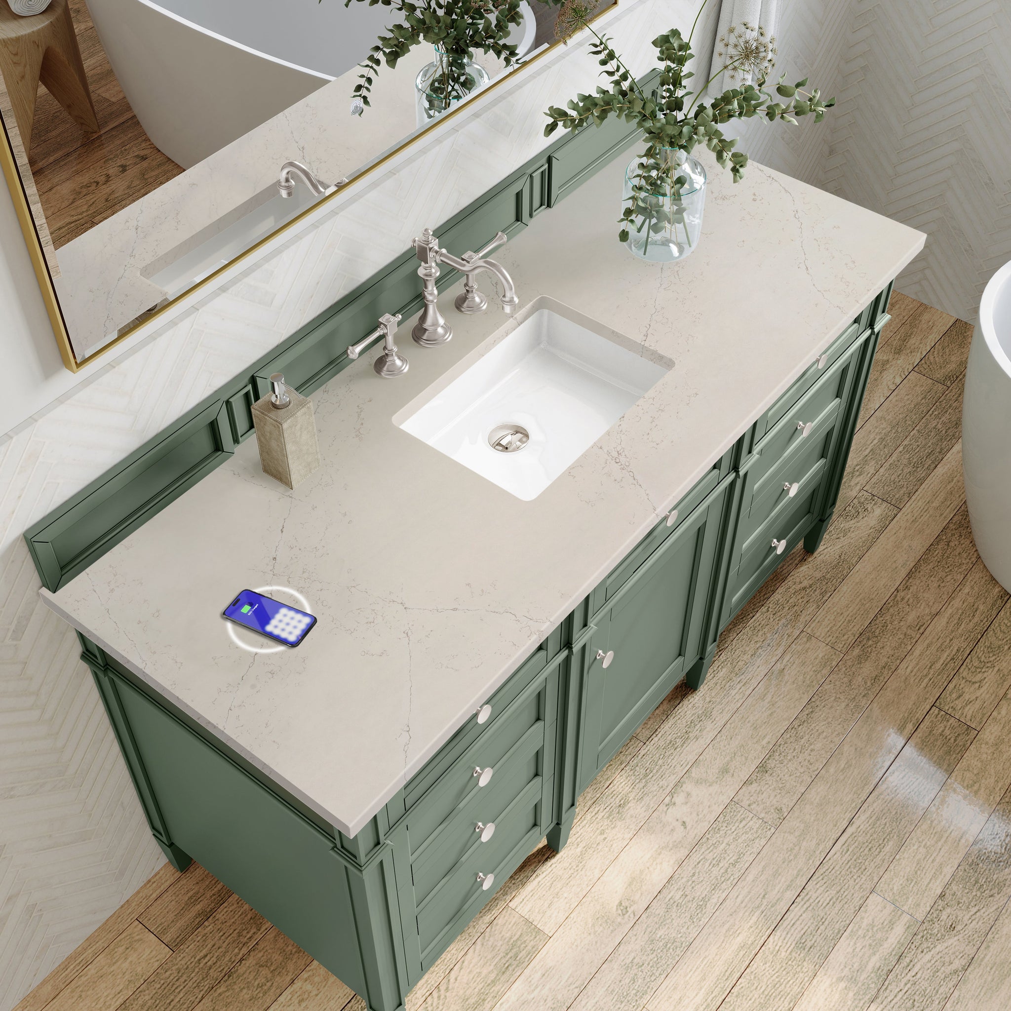 James Martin Brittany 60" Single Bathroom Vanity, Smokey Celadon with Siberian (FreePower) countertop