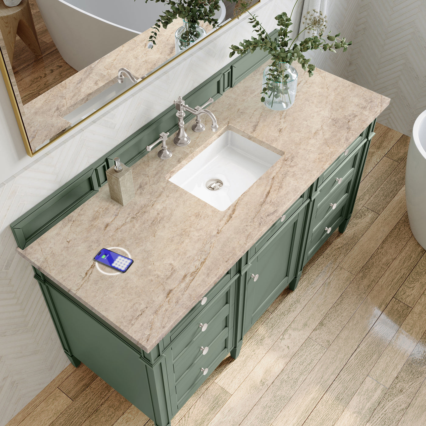 James Martin Brittany 60" Single Bathroom Vanity, Smokey Celadon with Tajnar (FreePower) countertop