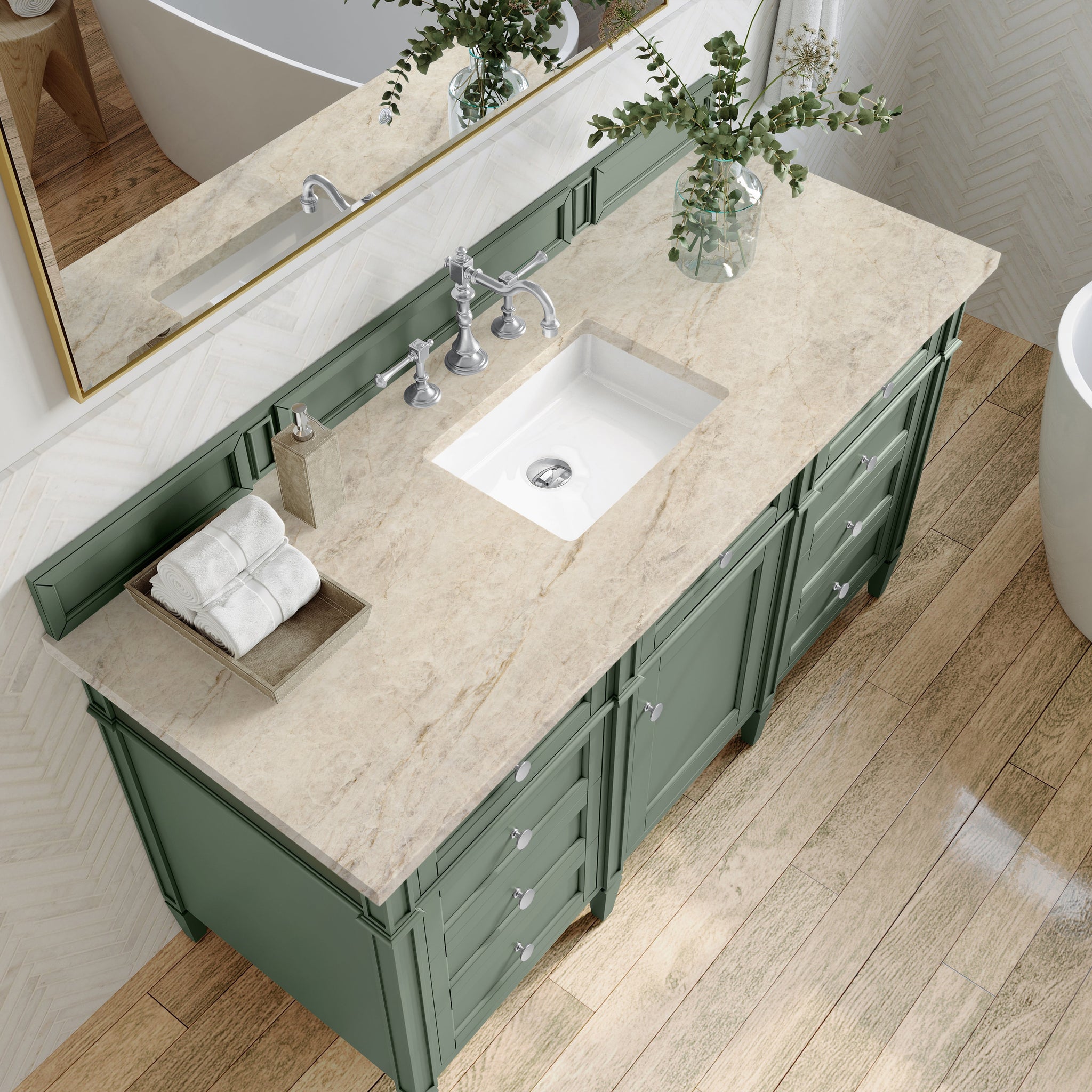James Martin Brittany 60" Single Bathroom Vanity, Smokey Celadon with Tajnar countertop