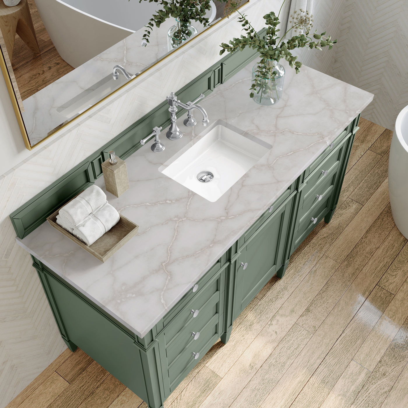 James Martin Brittany 60" Single Bathroom Vanity, Smokey Celadon with Victorian Silver countertop