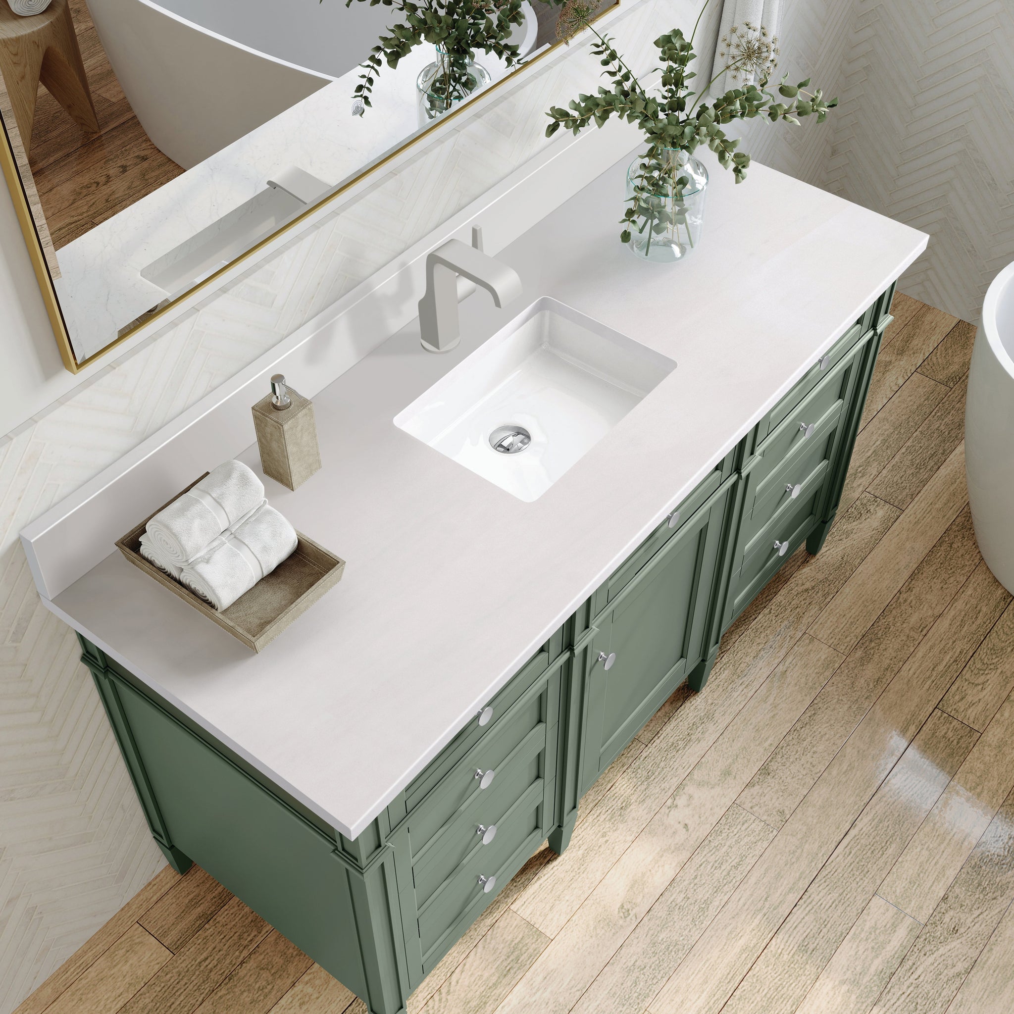 James Martin Brittany 60" Single Bathroom Vanity, Smokey Celadon with White Zeus (Single Hole, with Backsplash) countertop