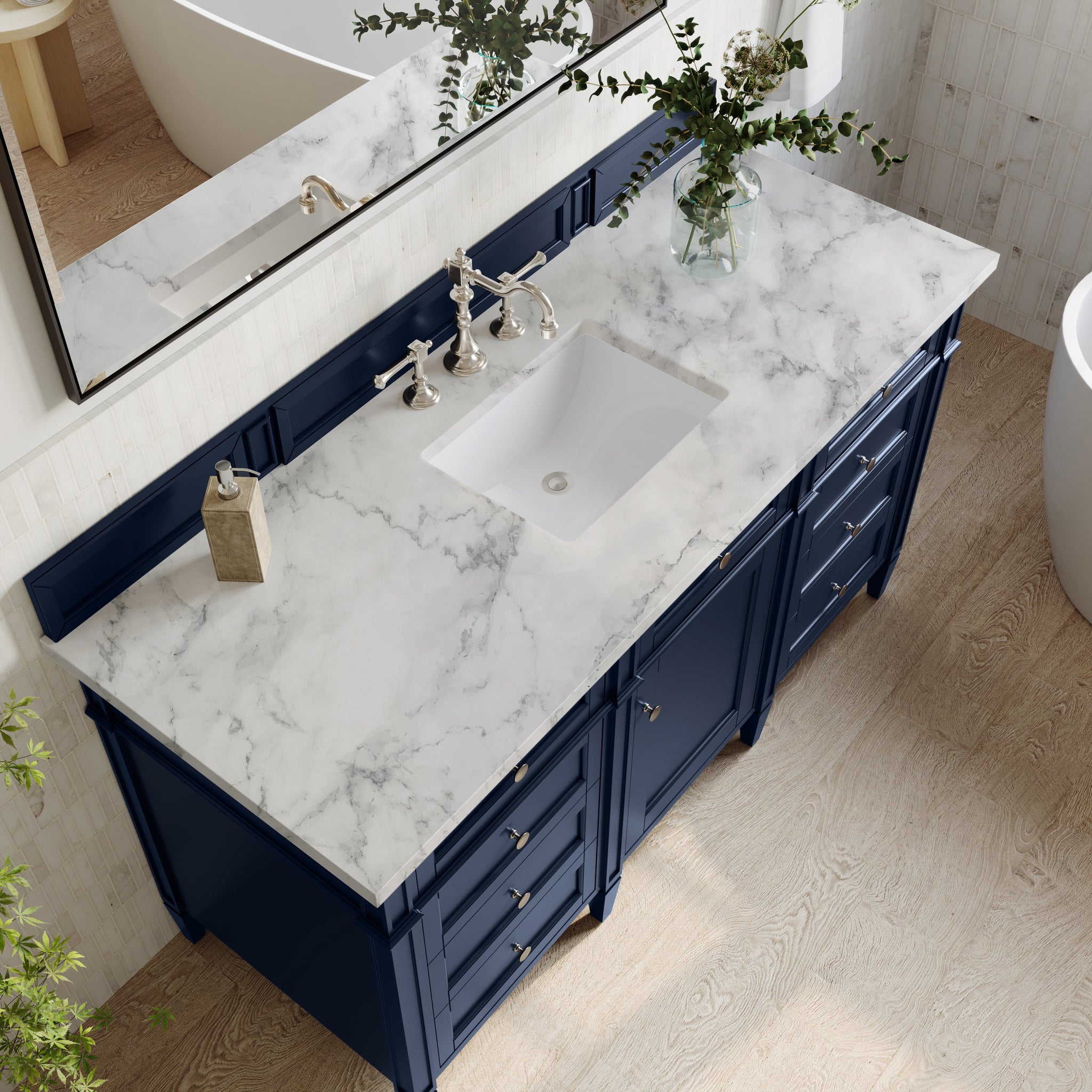 James Martin Brittany 60" Single Bathroom Vanity, Victory Blue with Carrara White countertop