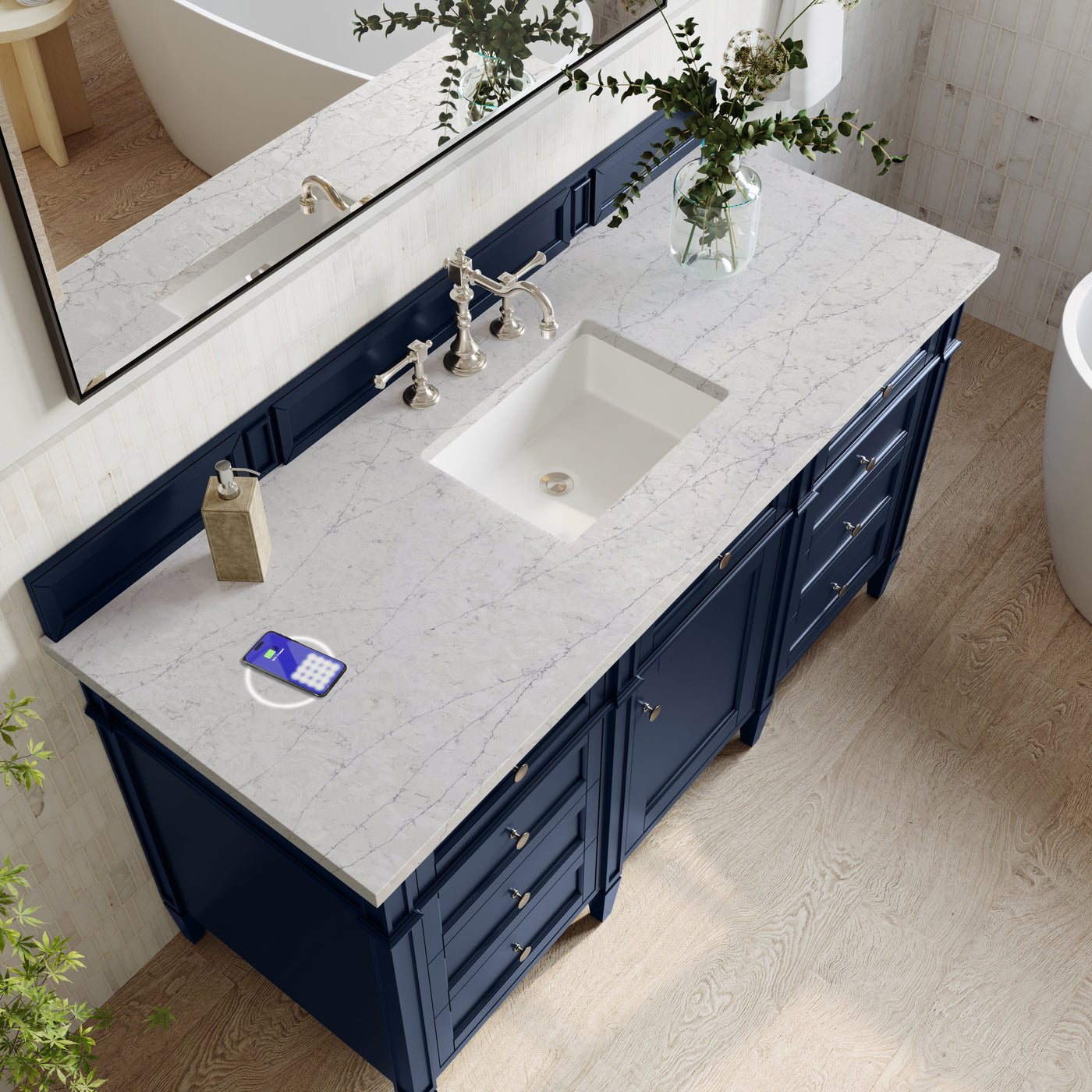James Martin Brittany 60" Single Bathroom Vanity, Victory Blue with Eternal Jasmine Pearl (FreePower) countertop