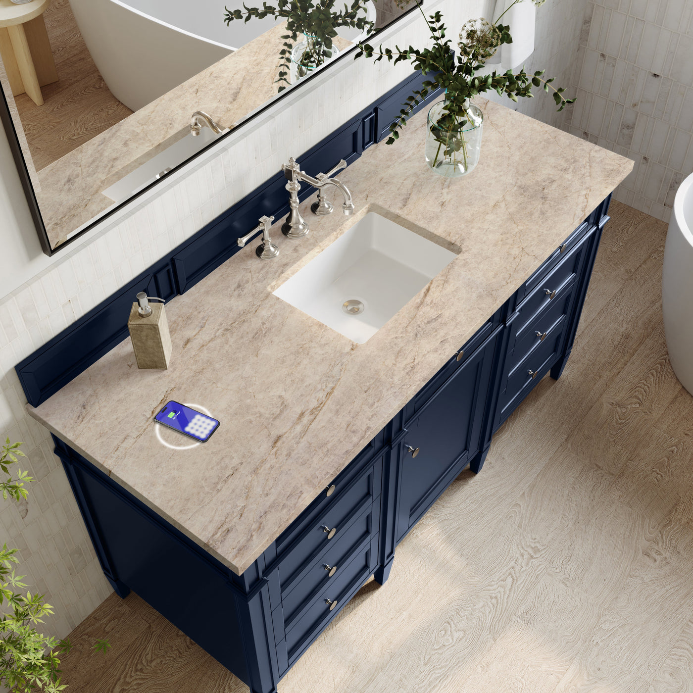 James Martin Brittany 60" Single Bathroom Vanity, Victory Blue with Tajnar (FreePower) countertop