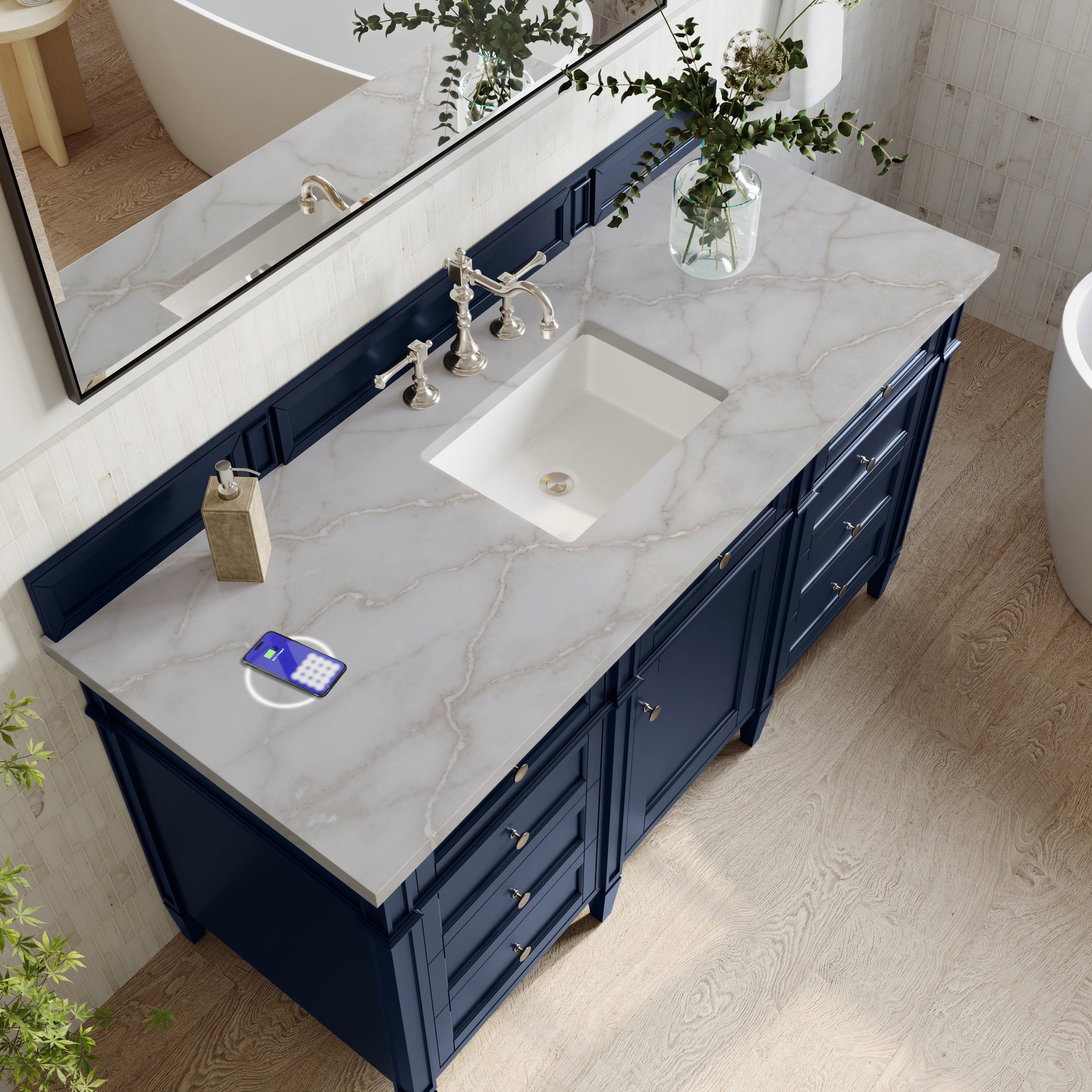 James Martin Brittany 60" Single Bathroom Vanity, Victory Blue with Victorian Silver (FreePower) countertop