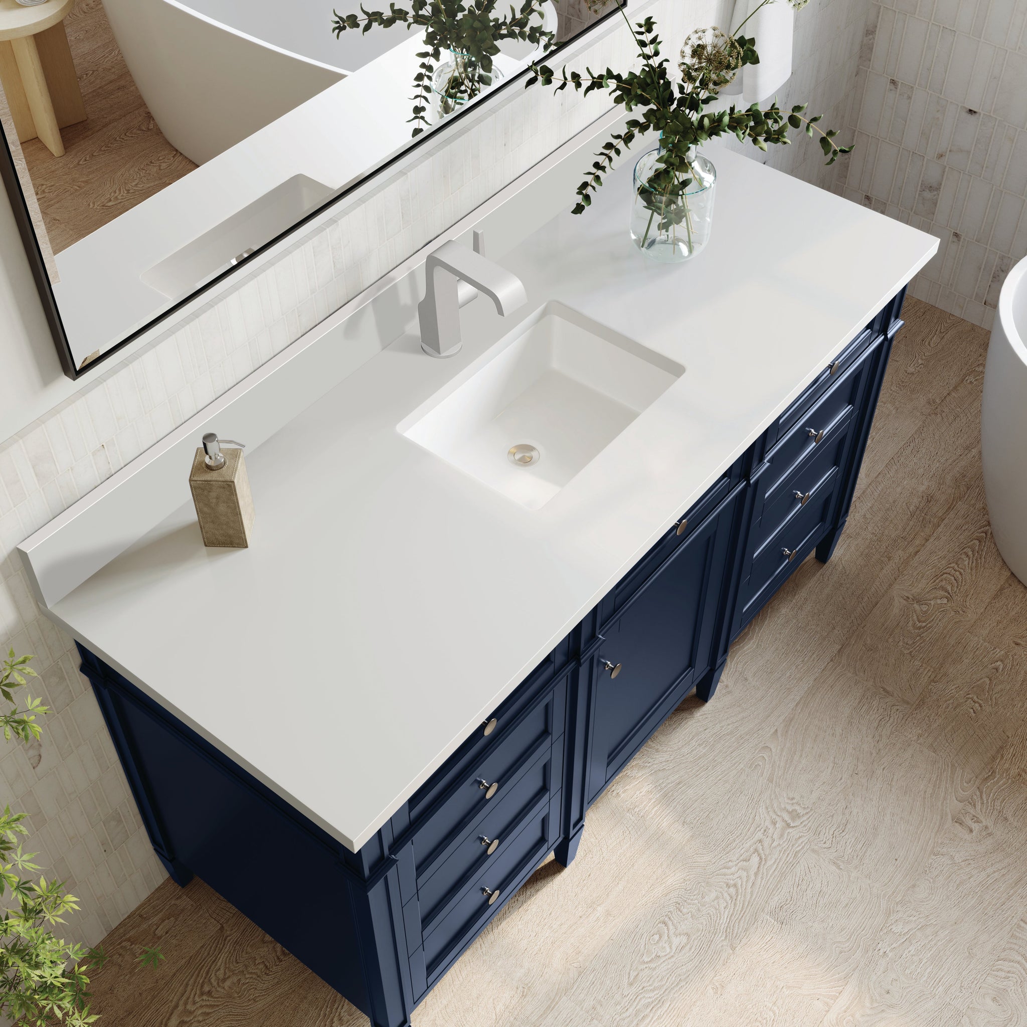 James Martin Brittany 60" Single Bathroom Vanity, Victory Blue with White Zeus (Single Hole, with Backsplash) countertop