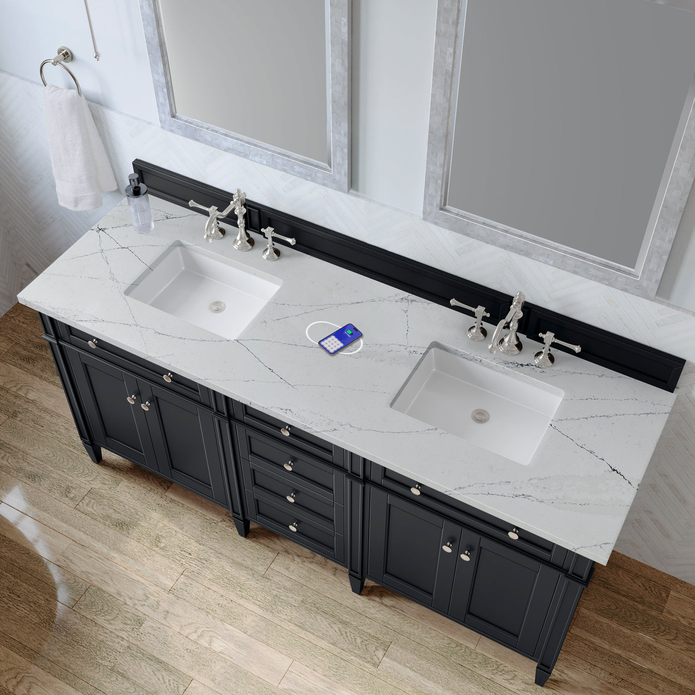 James Martin Brittany 72" Double Bathroom Vanity, Black Onyx with Ethereal Noctis (FreePower) countertop