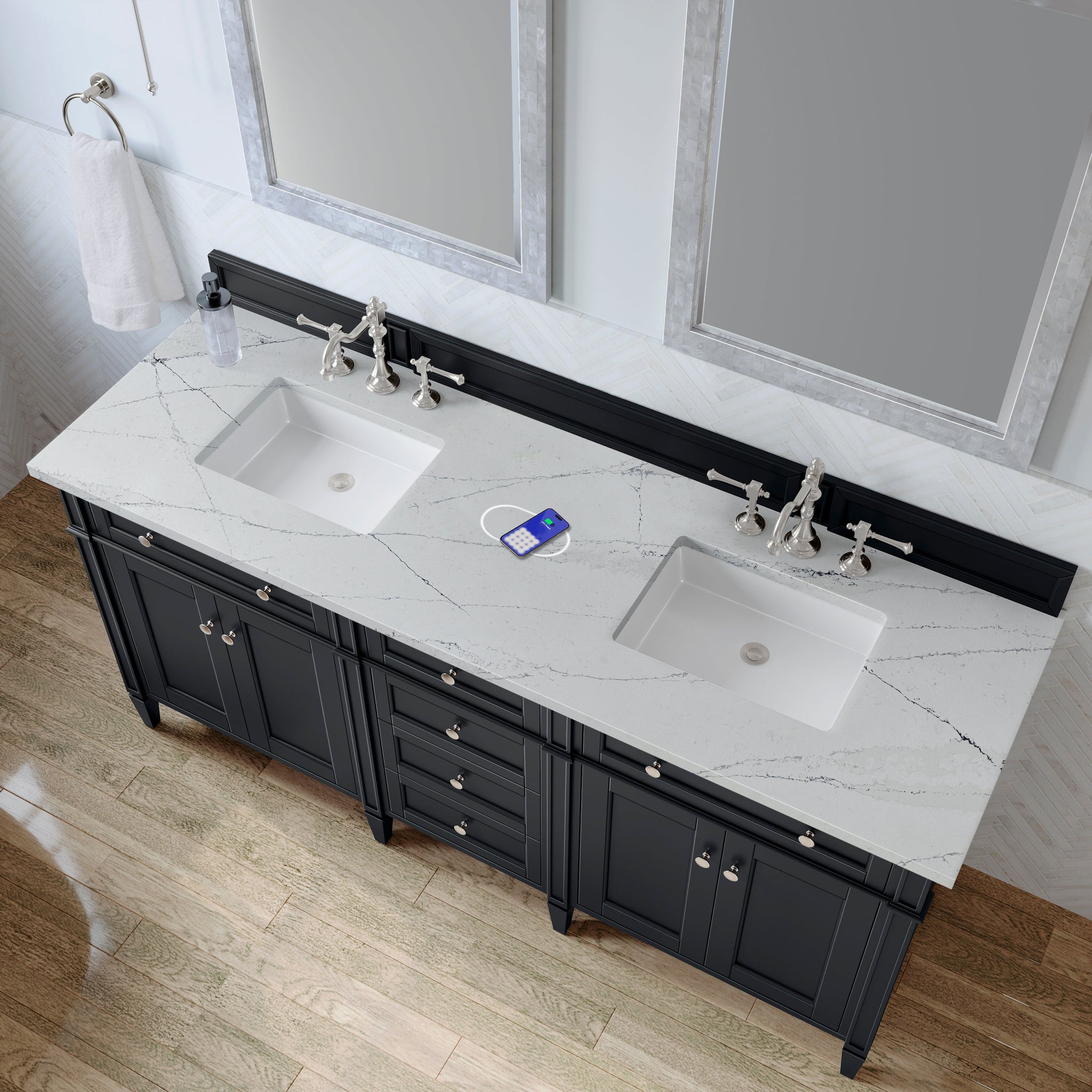 James Martin Brittany 72" Double Bathroom Vanity, Black Onyx with Ethereal Noctis (FreePower) countertop