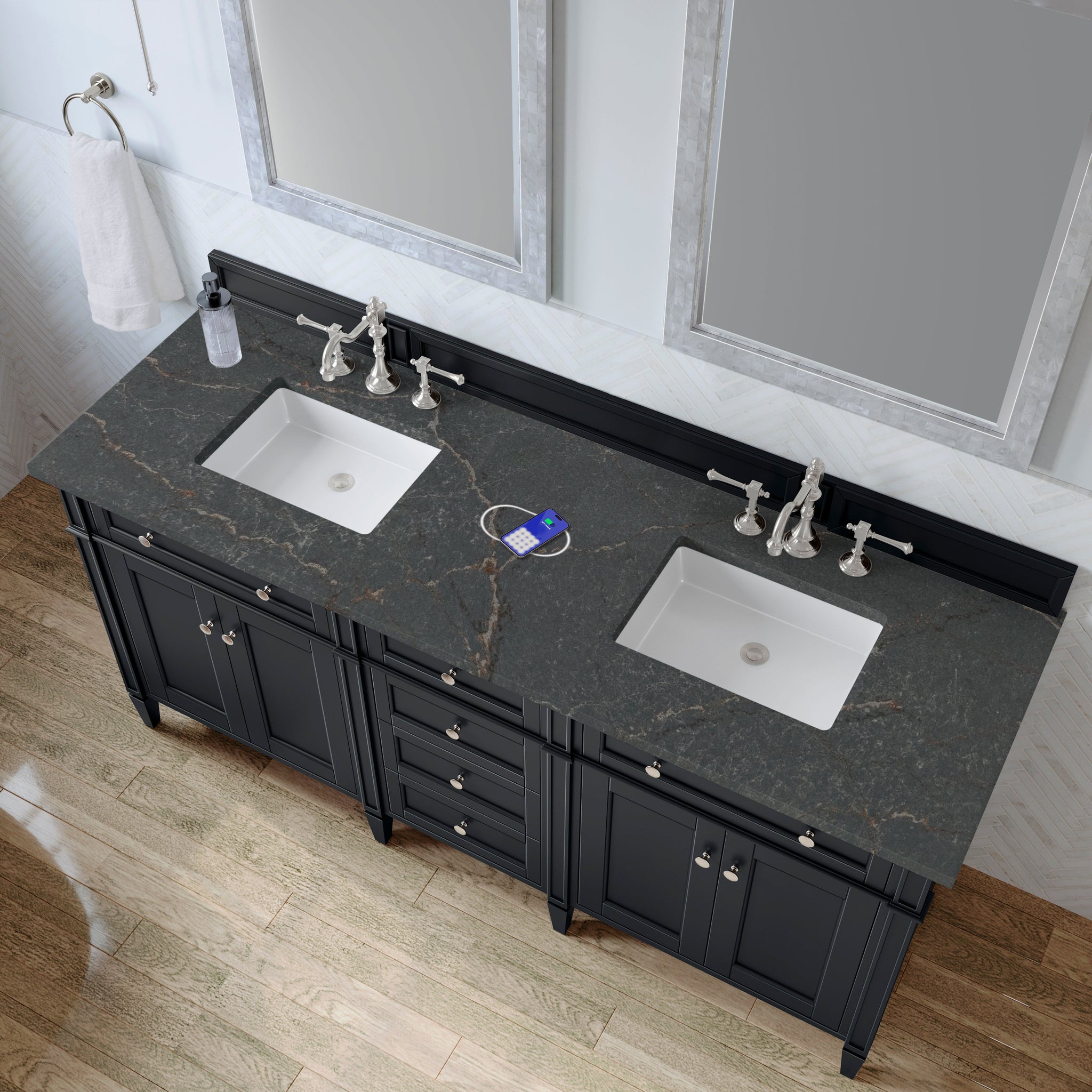 James Martin Brittany 72" Double Bathroom Vanity, Black Onyx with Parisien Bleu (FreePower) countertop
