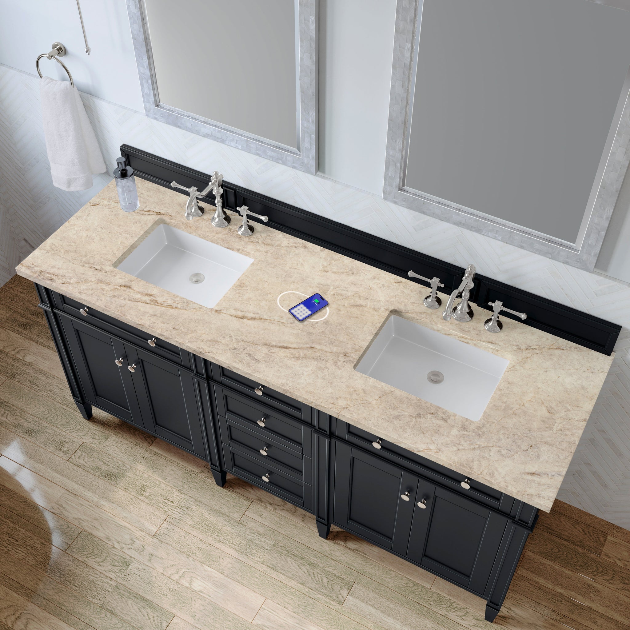 James Martin Brittany 72" Double Bathroom Vanity, Black Onyx with Tajnar (FreePower) countertop