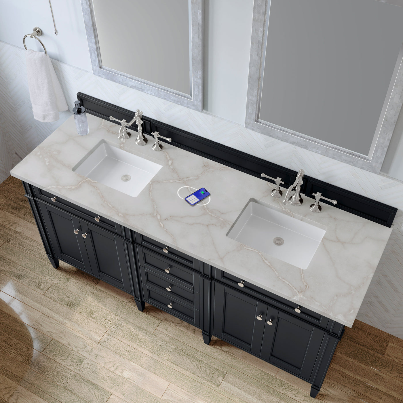 James Martin Brittany 72" Double Bathroom Vanity, Black Onyx with Victorian Silver (FreePower) countertop
