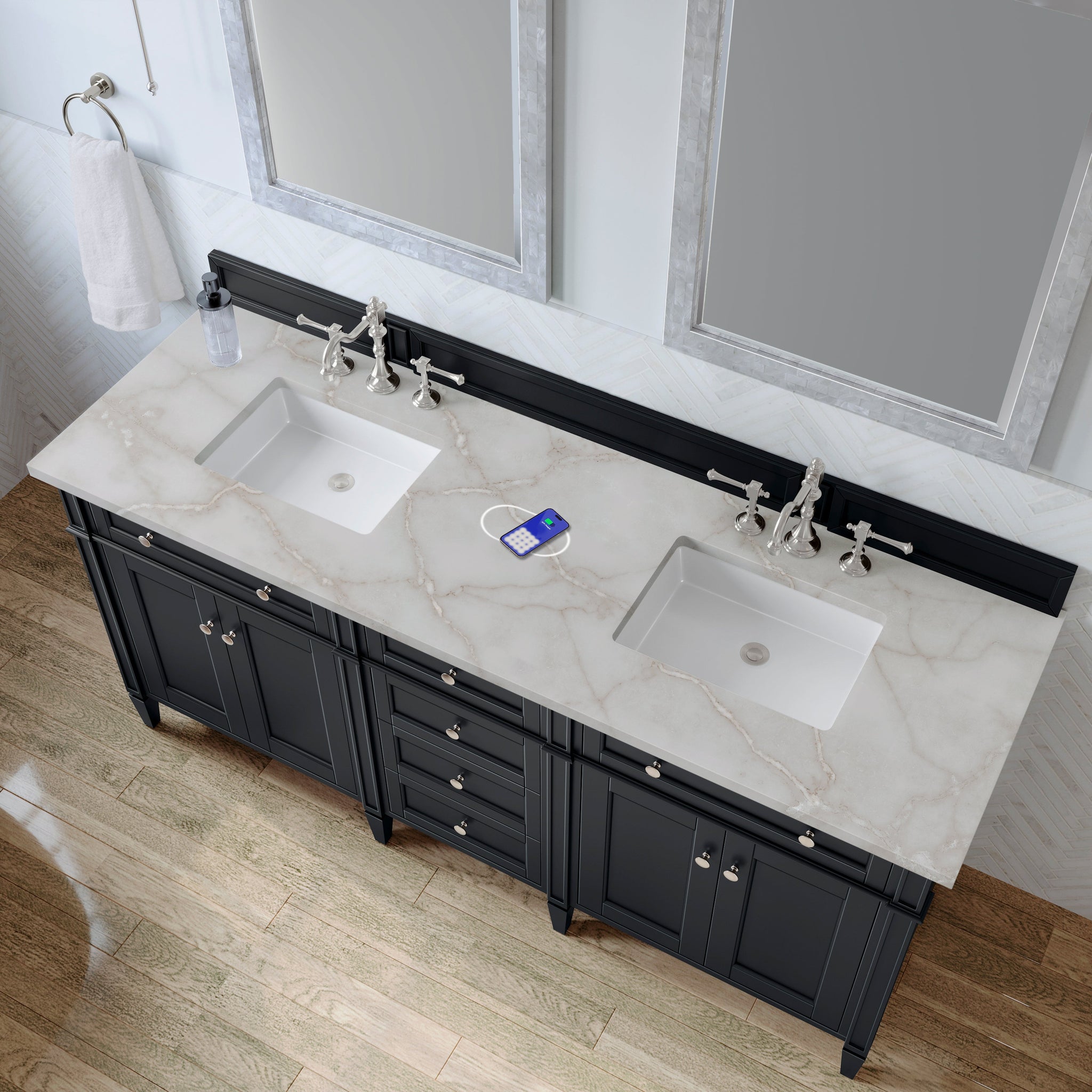 James Martin Brittany 72" Double Bathroom Vanity, Black Onyx with Victorian Silver (FreePower) countertop