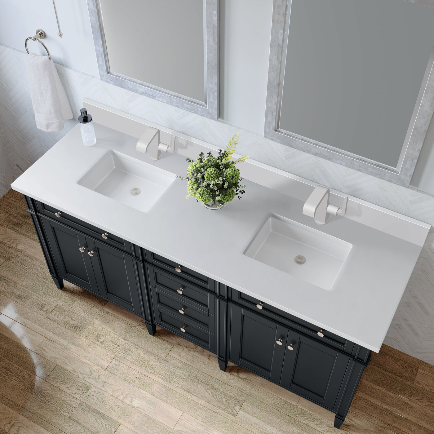 James Martin Brittany 72" Double Bathroom Vanity, Black Onyx with White Zeus (Single Hole, with Backsplash) countertop