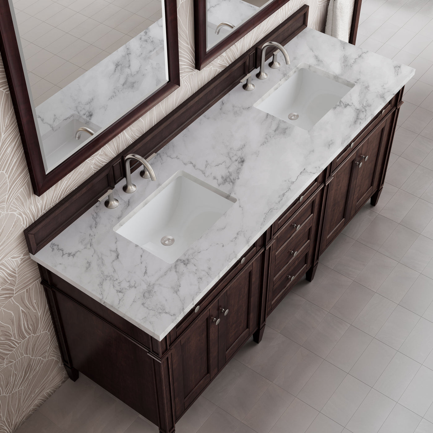 James Martin Brittany 72" Double Bathroom Vanity, Burnished Mahogany with Carrara White countertop